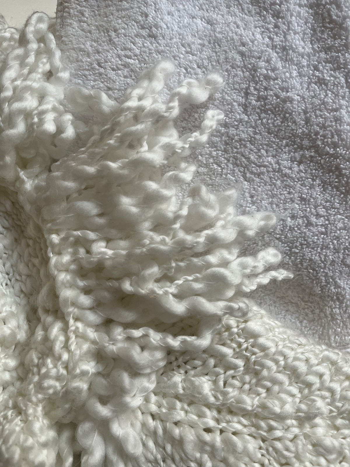 Adorable vintage white knit poncho with hood, fringe and pom poms