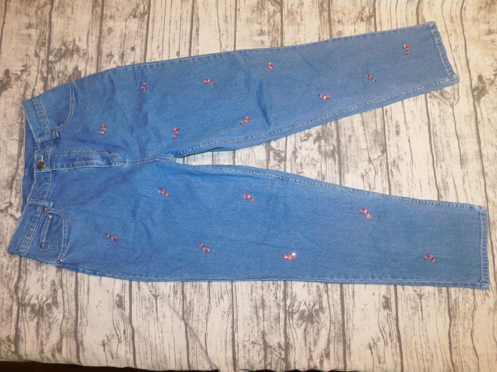 VTG THE QUACKER FACTORY JEANS WOMENS 10 RHINESTONES BLING CANDY CANES CHRISTMAS