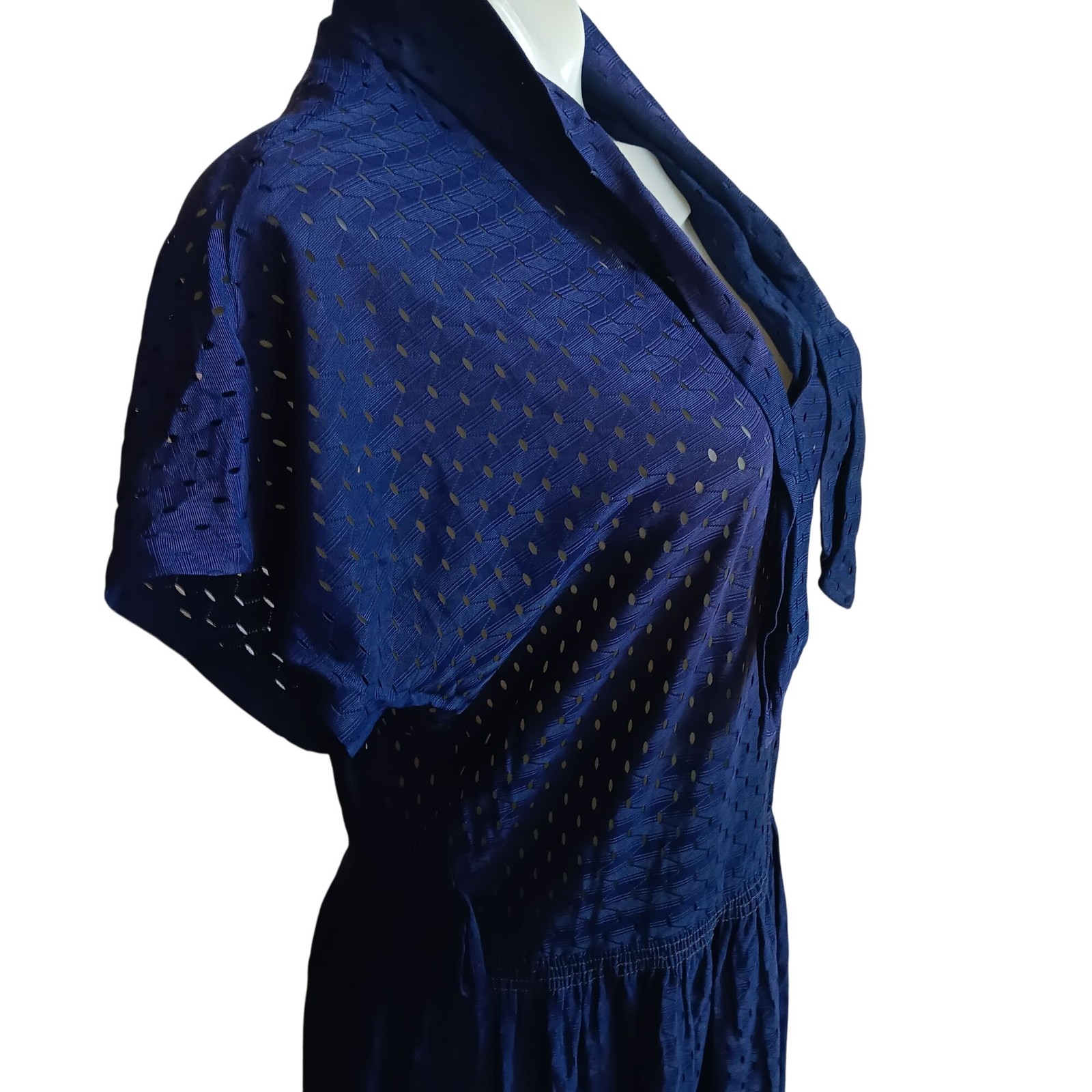 True Vintage Dress 1OF1 8 1960’s Eyelet Midi Tie Neck Slinky Stretch Nylon