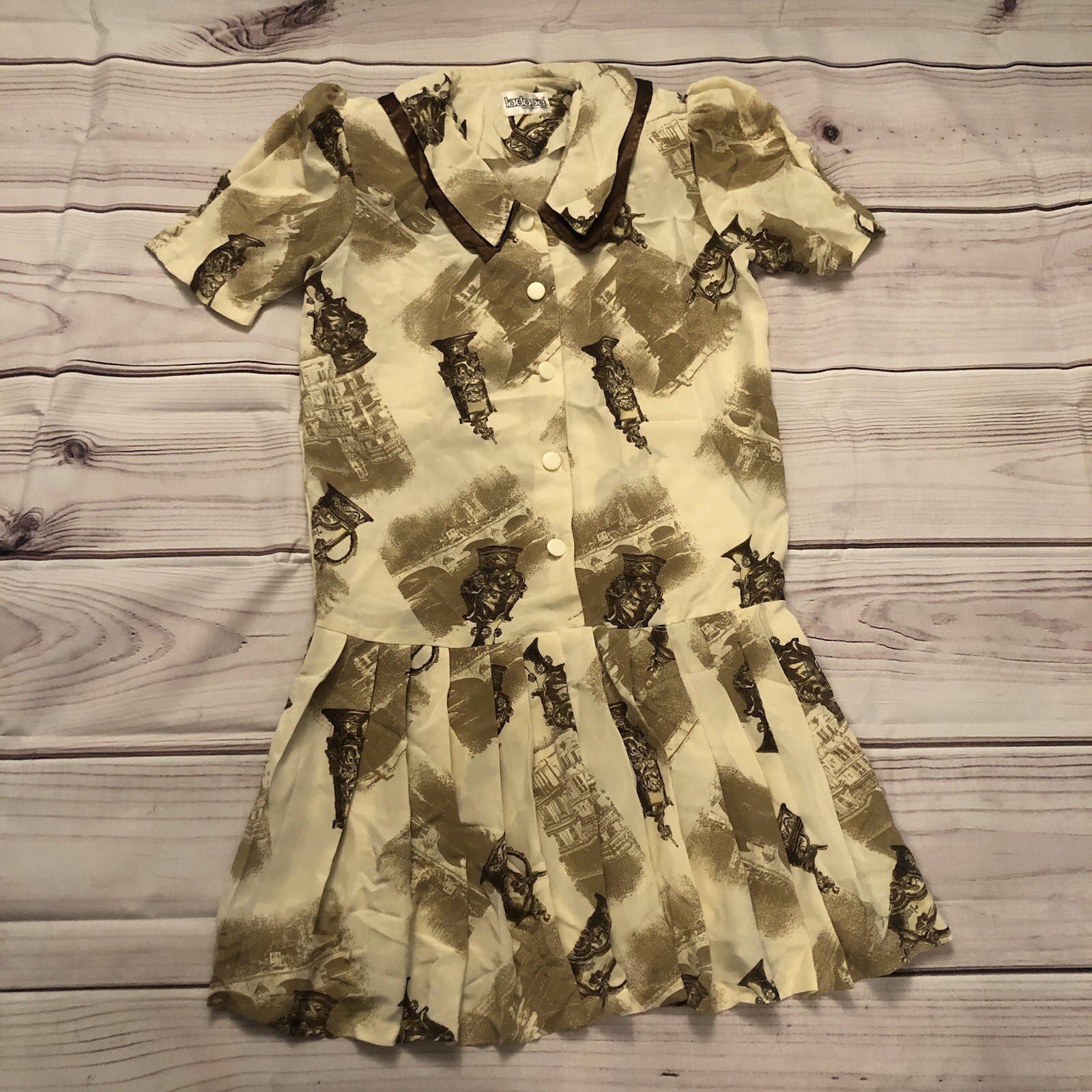 Vintage Metallic Pleated Dropped Waist Button Earth Tone Dress, size 1X/2X