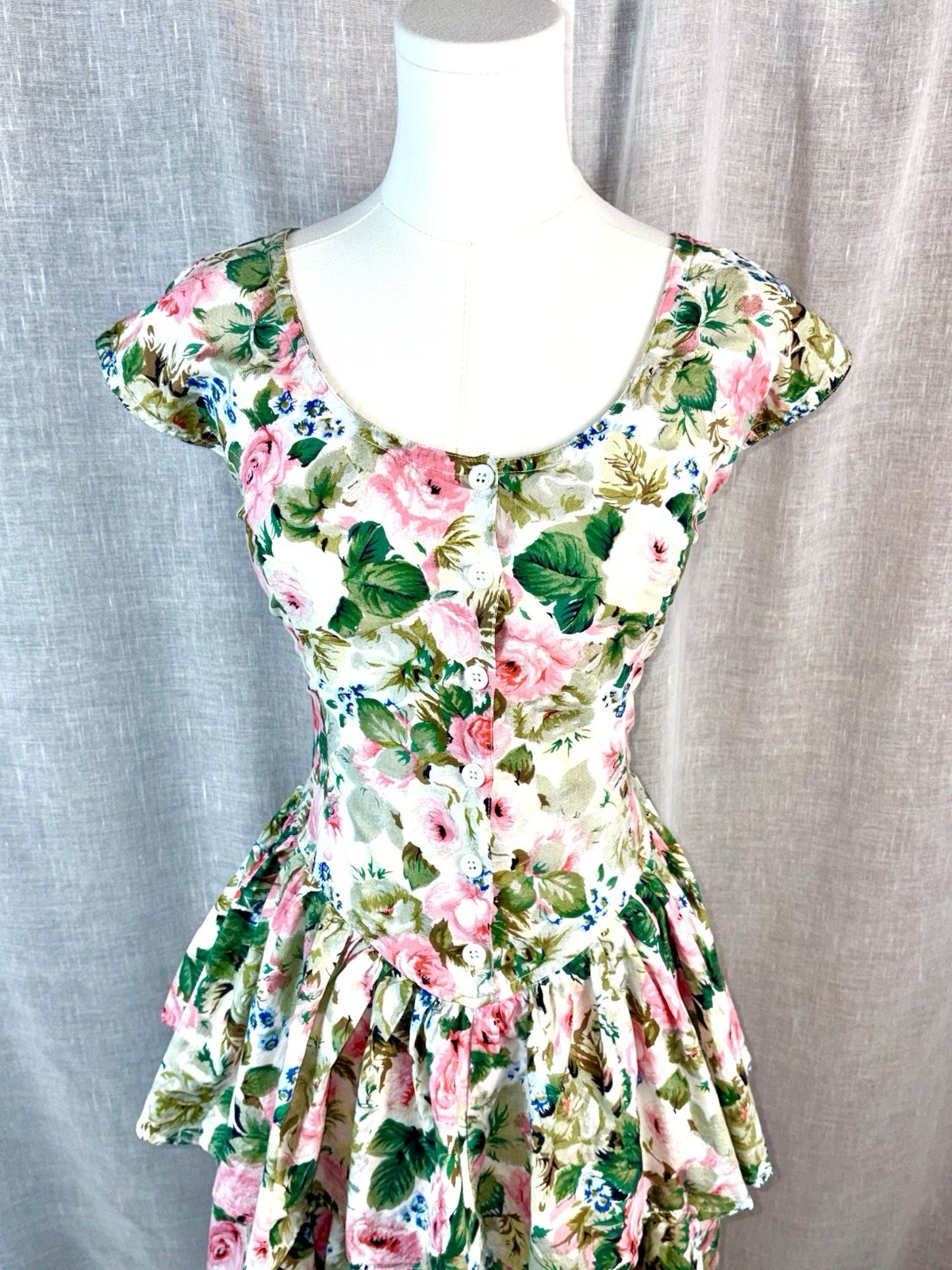 Vintage 80s Cotton Tiered Dress Rose Floral Coquette Fairy Cottagecore Sz Large