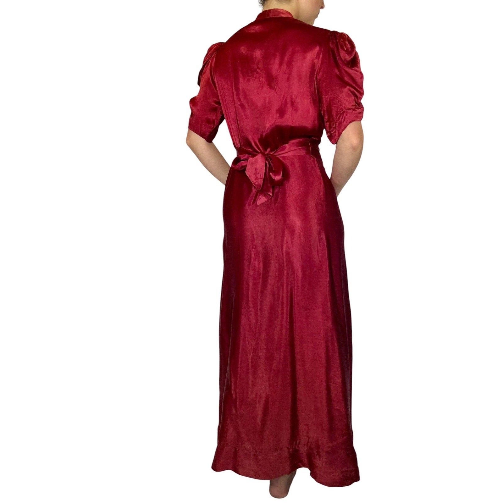 Vintage 1930s Liquid Satin Gown Quilted Floral Bias Cut Maroon Lounge Dress Gown