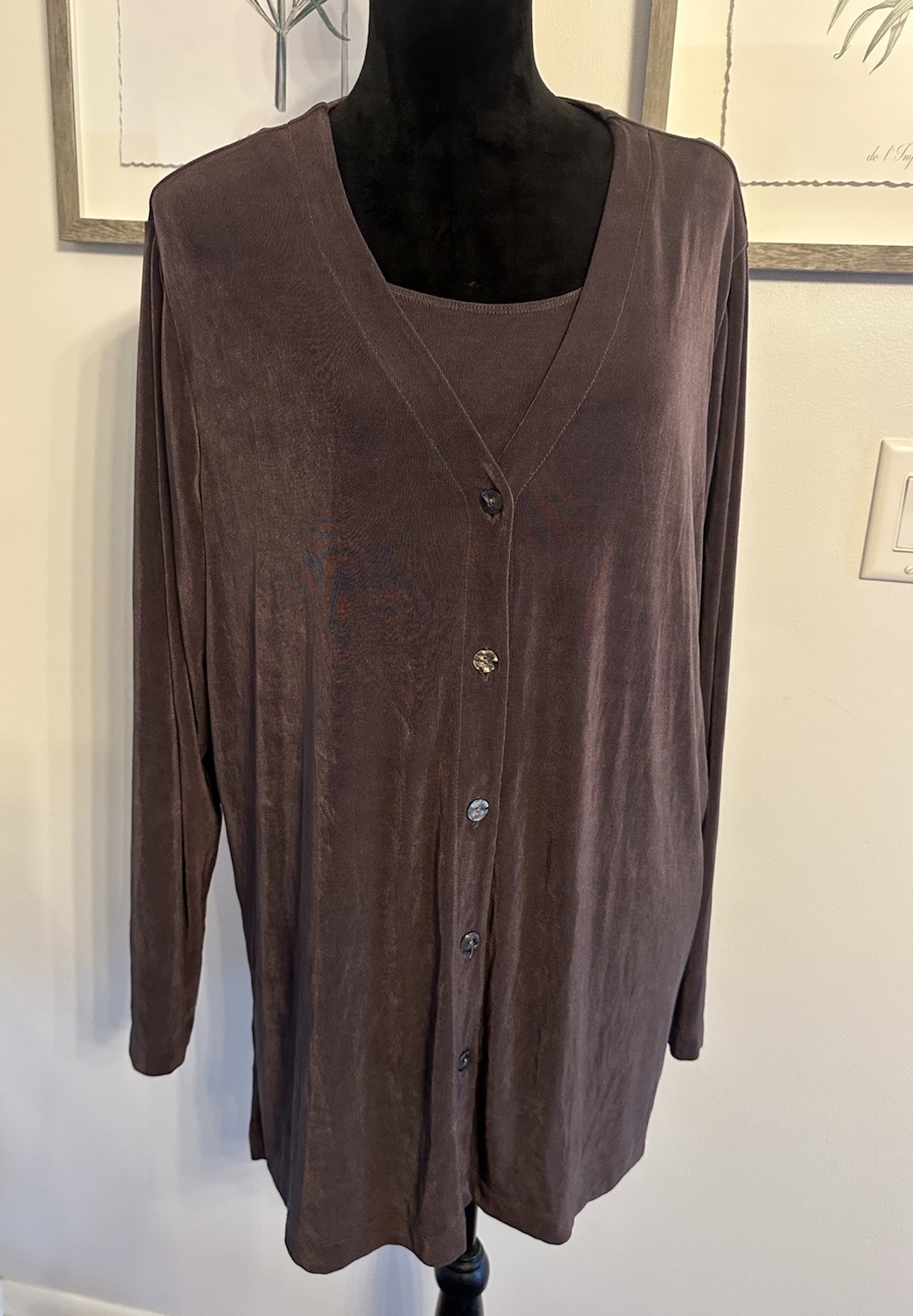 Brown Twinset Buttoned Tunic Top W/Tank Jersey Knit By UNITS Vintage Size 2X