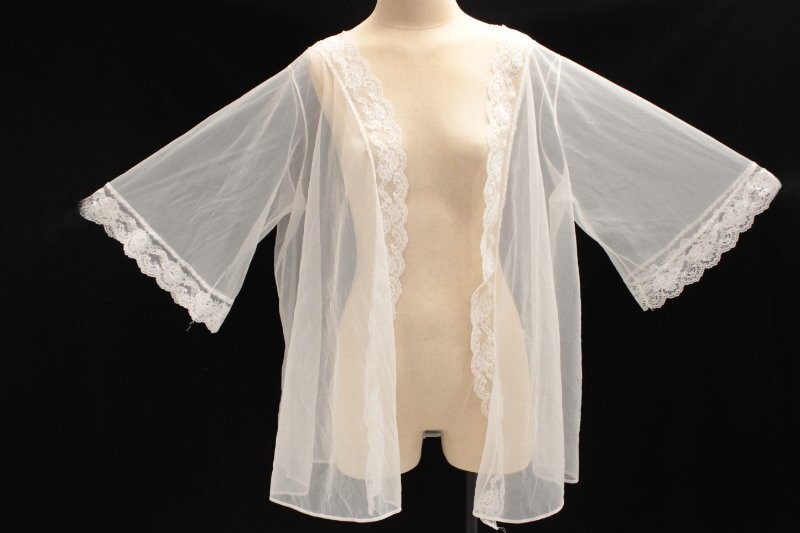 Vtg Short Sheer Peignoir Robe XL See Through Chiffon Nylon Lace Ethereal Angle