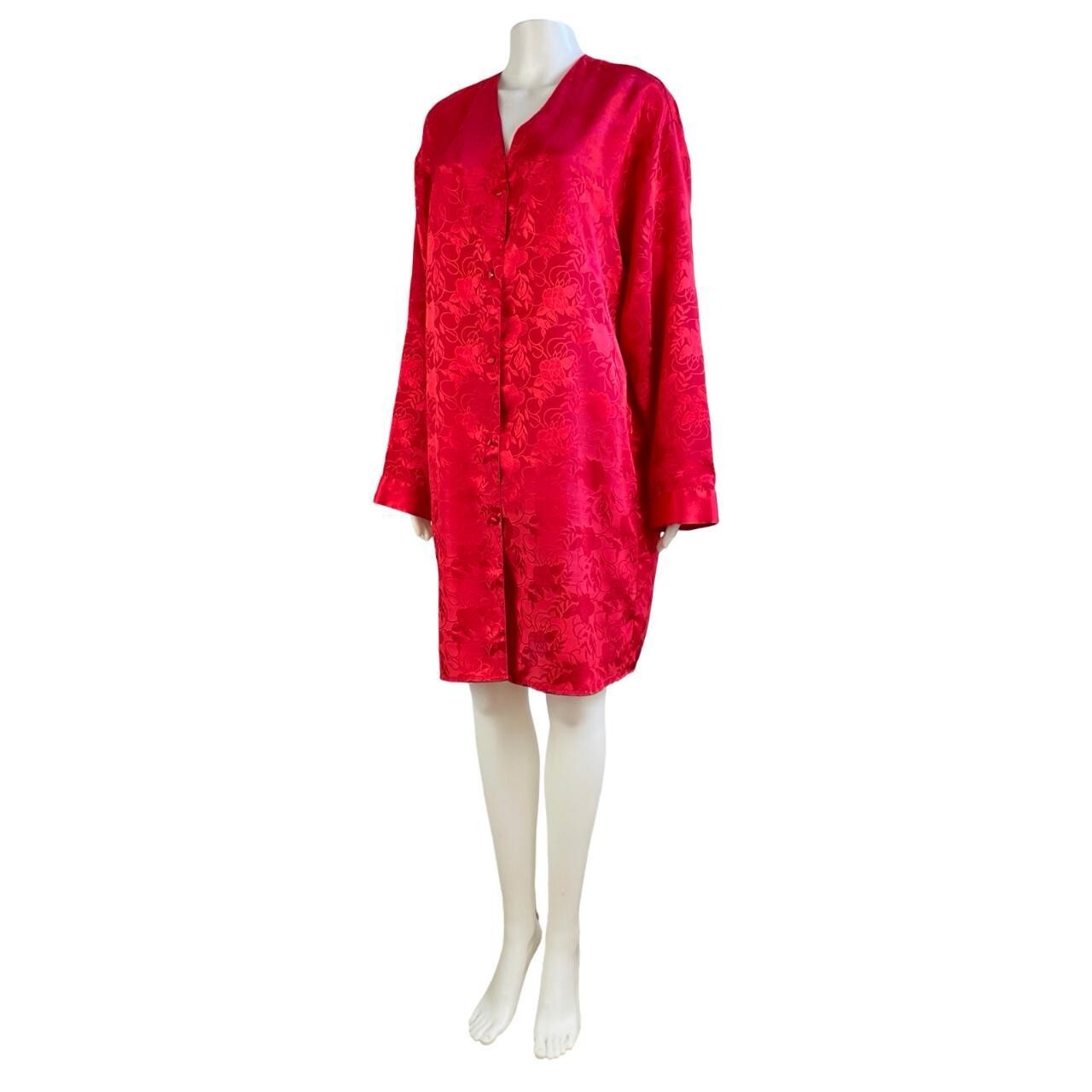 Vintage Floral Satin Nightshirt Womens Size Large 1990s Red Embossed Nightgown
