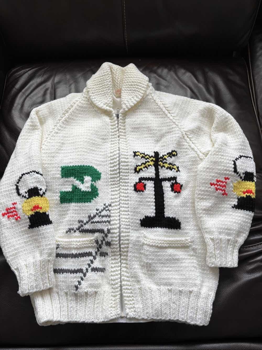 Hand crafted train theme Knit Wool Sweater Curling Stone Zip Cardigan, Size L