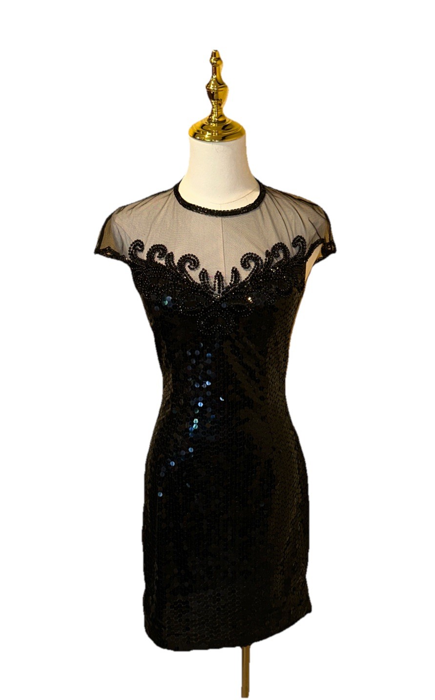 Vintage Nite Line Black Beaded Sequin Dress With Mesh Sleeves Women’s 4