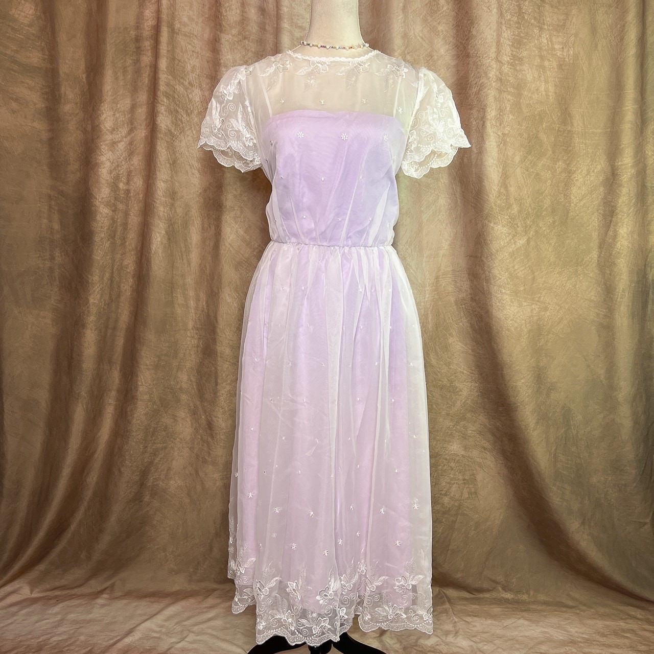 Vintage Coquette Dress 70s Sheer Mesh Floral Embroidered Lavender Tea Party