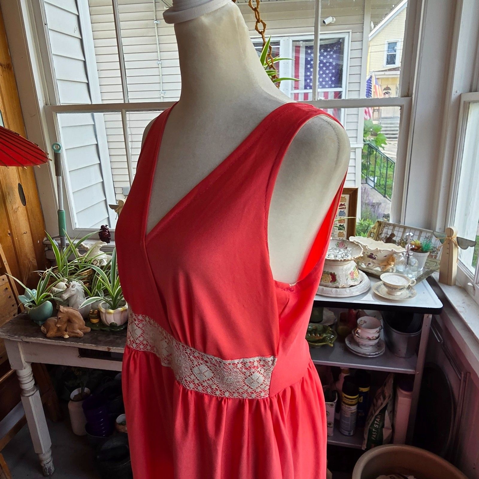 Vintage 1970s Coral Red Nylon Nightgown Maxi Gown Lace Empire Waist Medium
