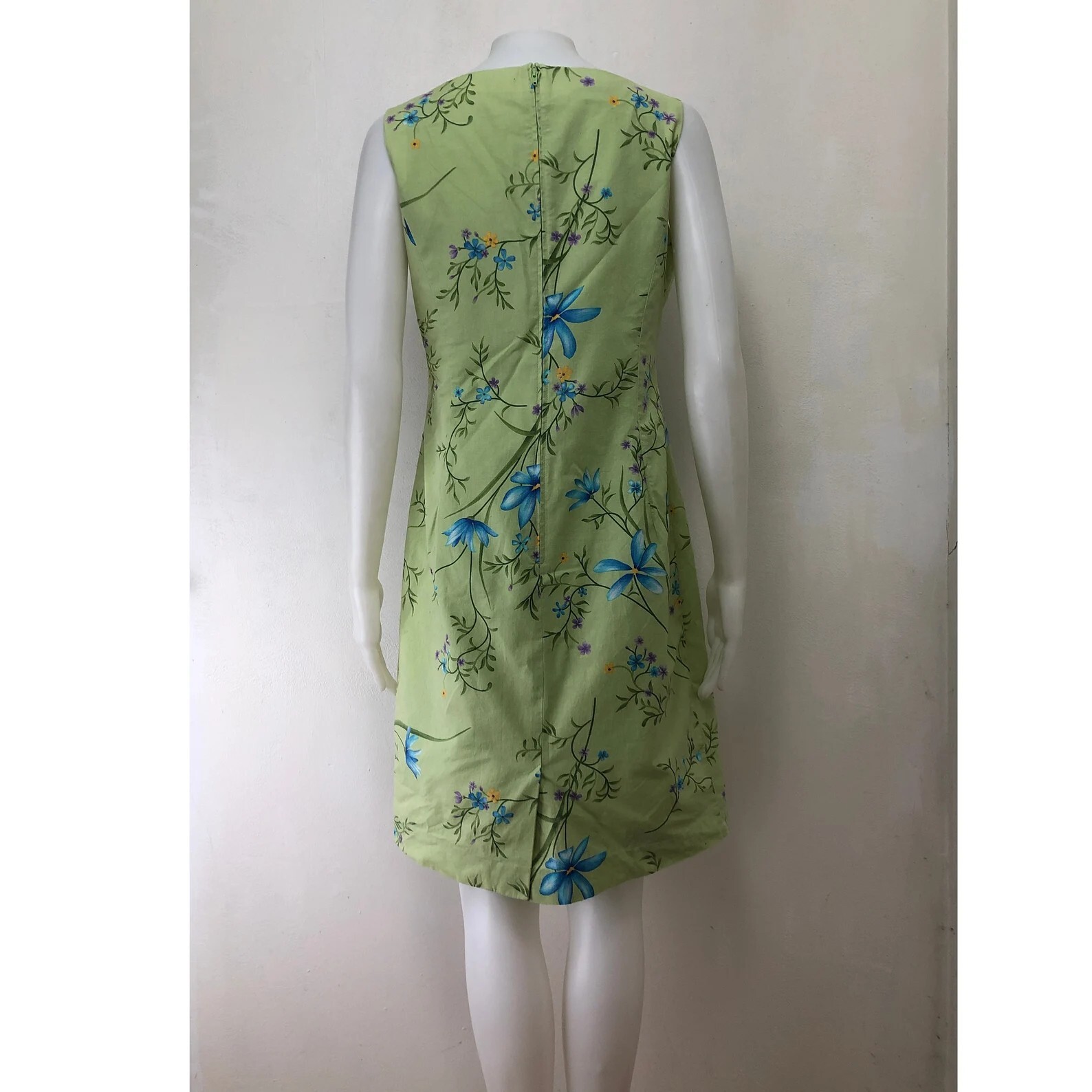 Vintage Floral Cotton Dress Size Small 1990s Green Flower Pattern Sheath