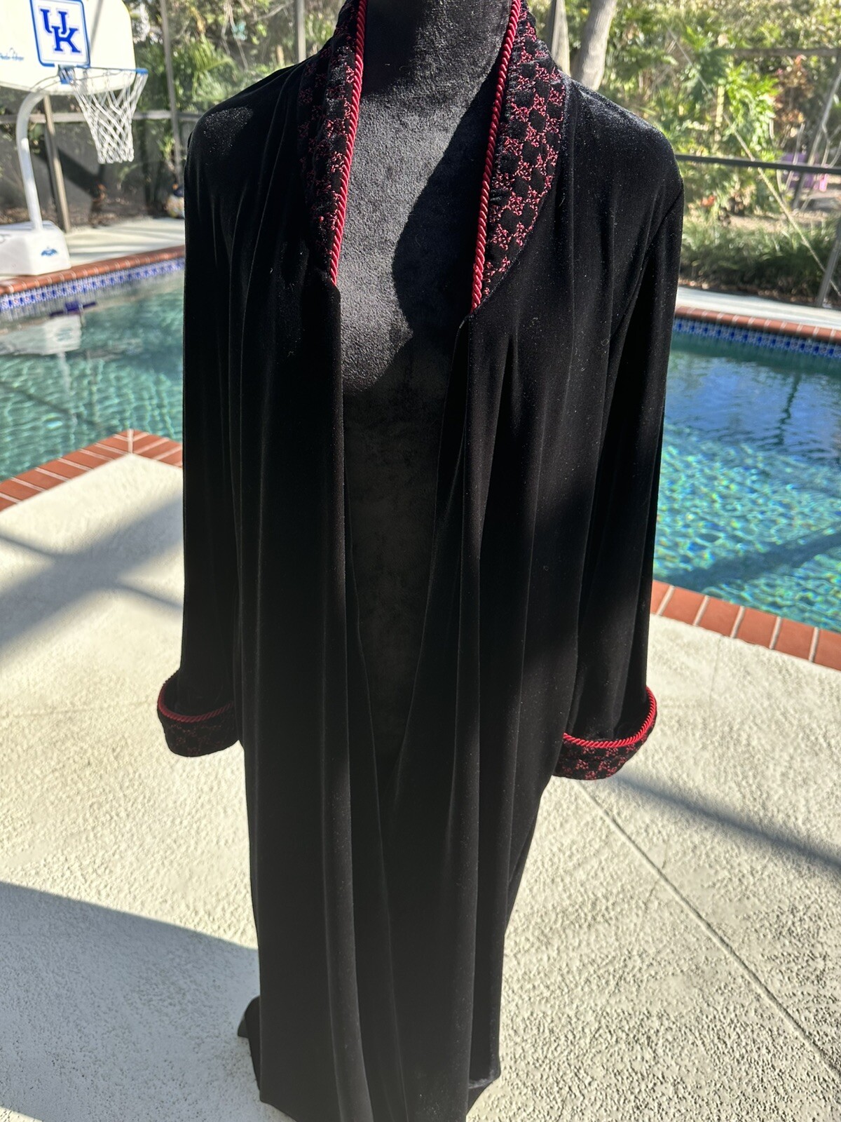 Diamond Tea Black Velvet 1/2 Zip Robe Lounge Coat Red Crystal Zipper Brocade S