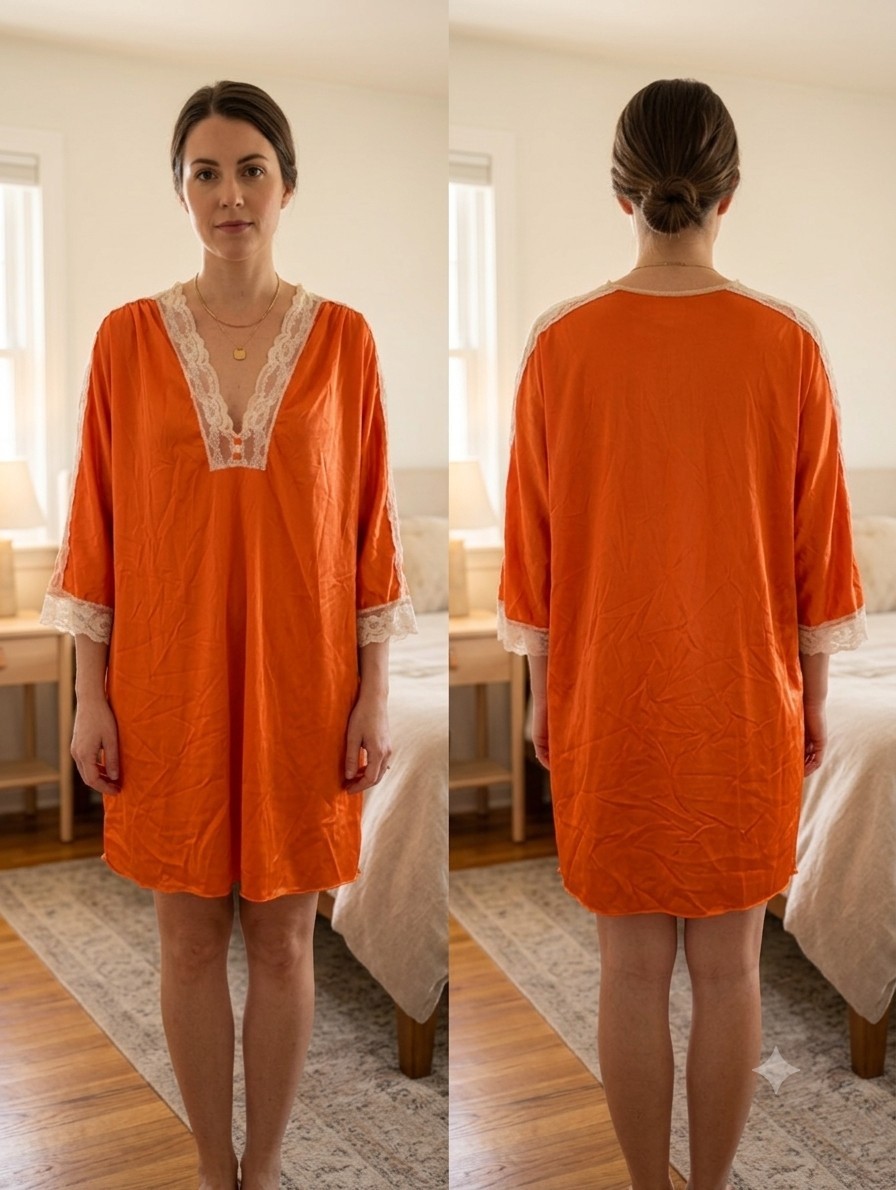 Vintage Val Mode Nightgown M Orange Nylon Lace 1970s Loungewear Kaftan Chemise