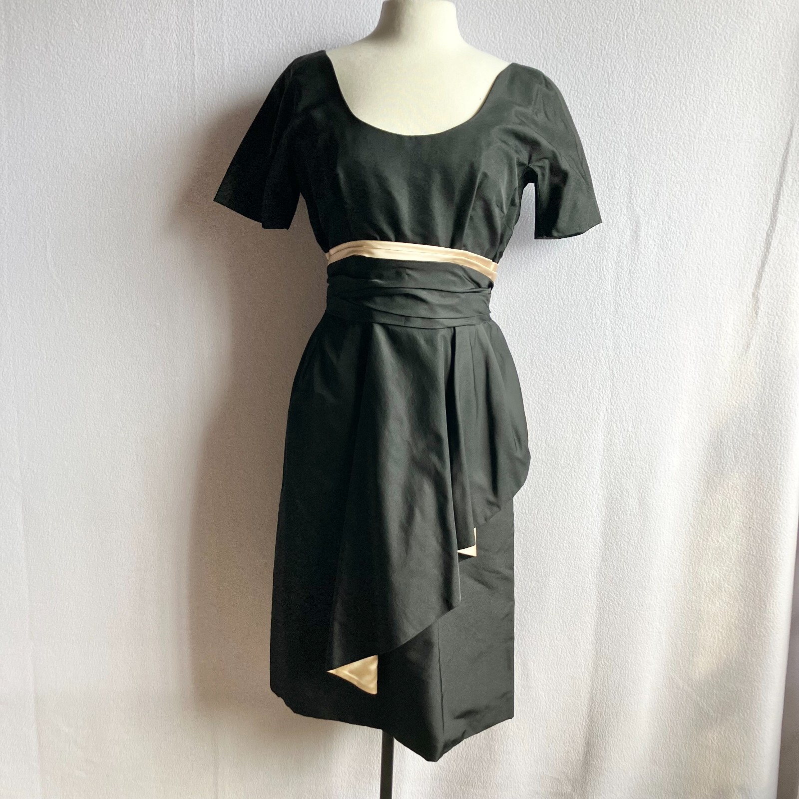 Vintage 1950s Harmay Black Draped Hip Cocktail Party Dress