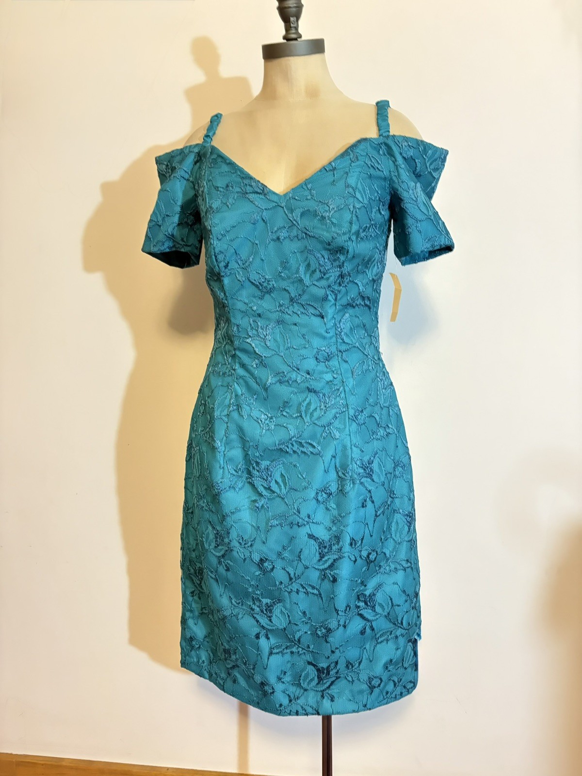 Vintage 1980s Bill Levkoff Teal Lace Mini Dress Dead Stock NWT.
