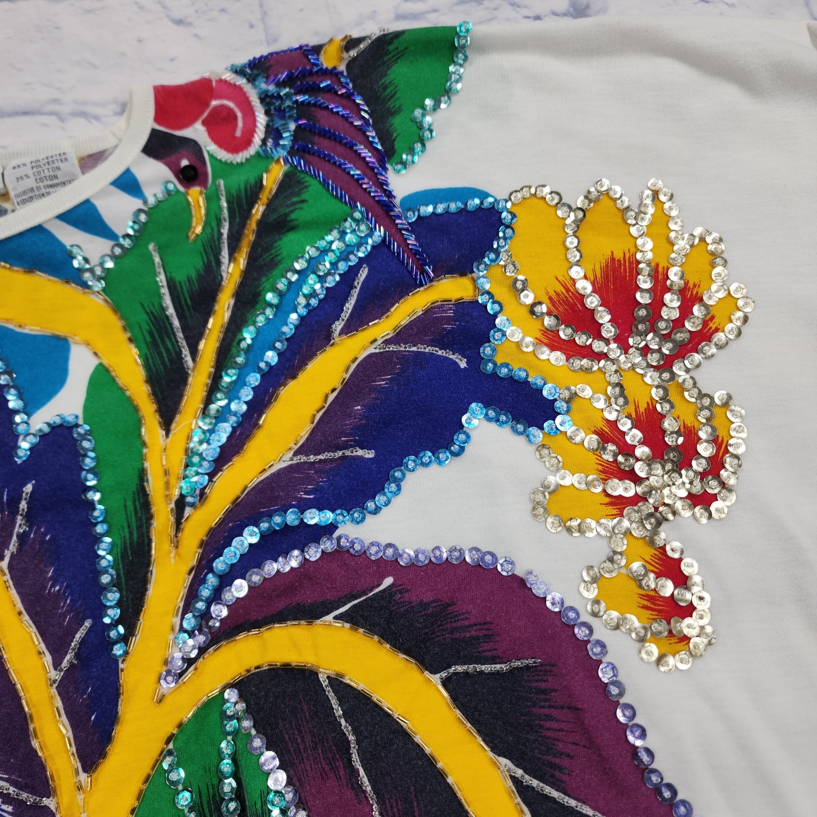 Bonnie Boerer Top WOMENS 2X Floral Sequins Shirt Beaded Retro VINTAGE 90s White
