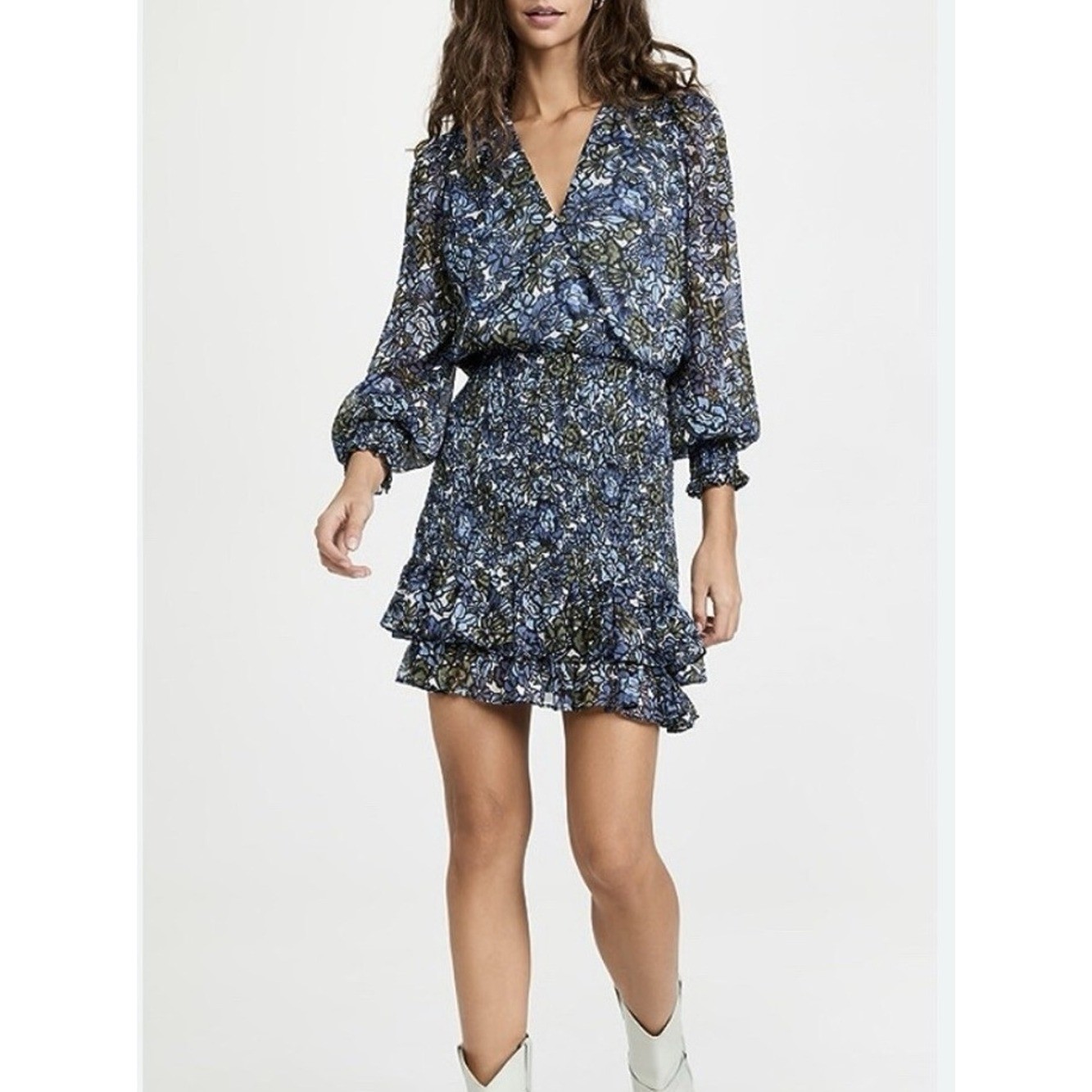 Veronica Beard Blue Floral Smocked Mini Dress Size 12 Long Sleeve Boho Resort