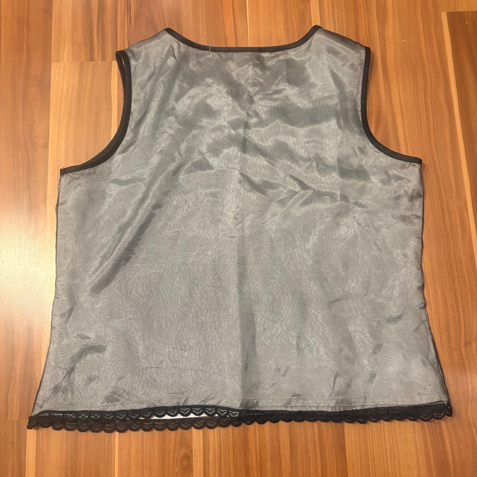 Goth Grunge Notations Vintage Silver Gray Mesh Tank Top W Black Lace Trim Size M