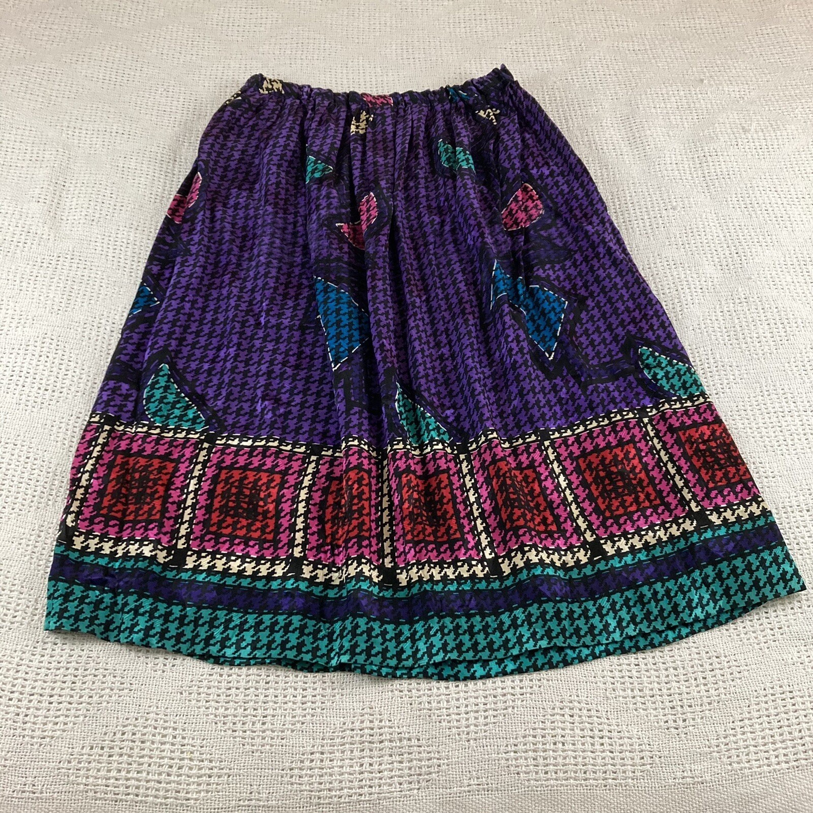 Vintage Lauren Alexandra Skirt Blouse Set Size 12 Purple Houndstooth Pure Silk