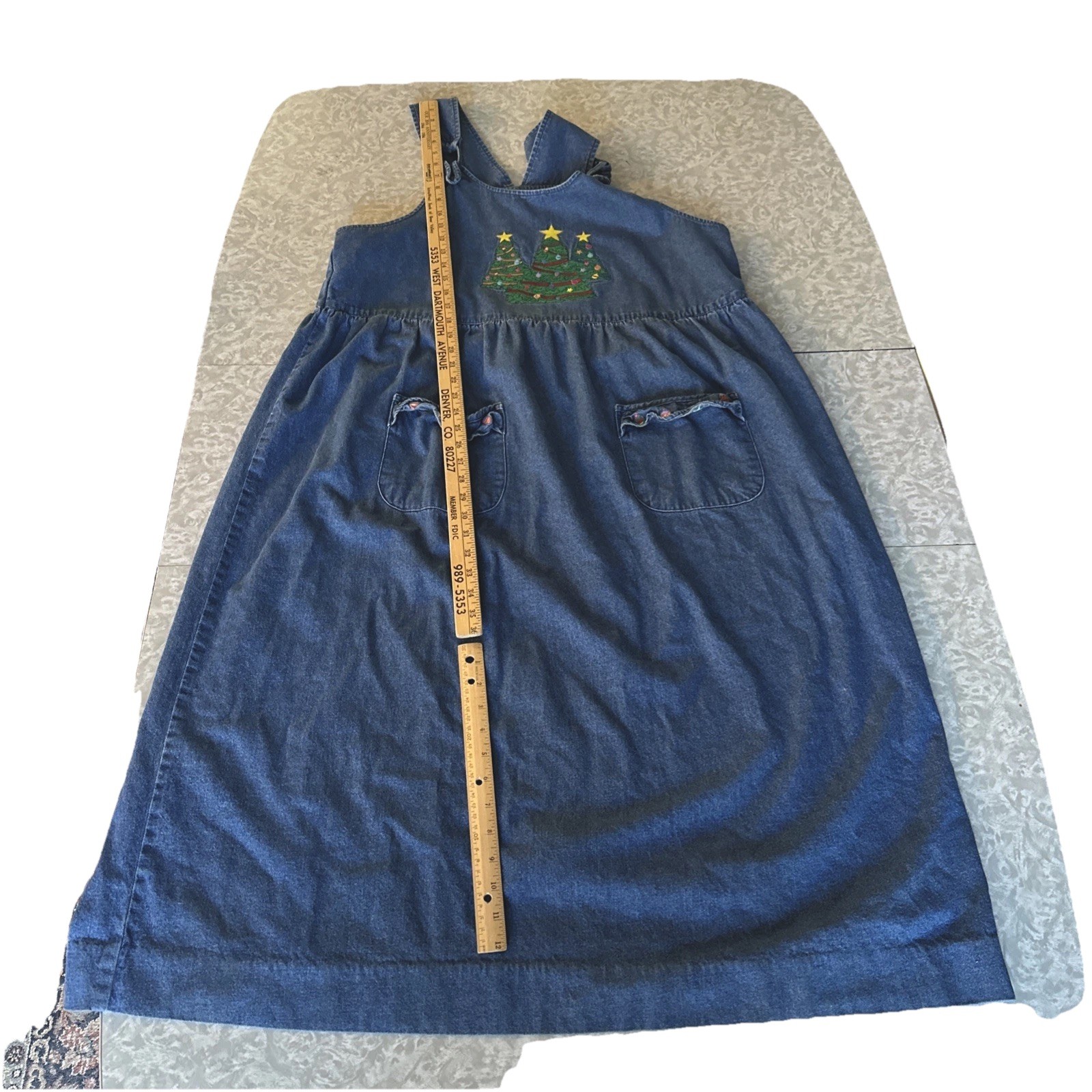 VTG Westbound Denim Christmas Holiday Embroidered Pockets Maxi Jumper Dress XL