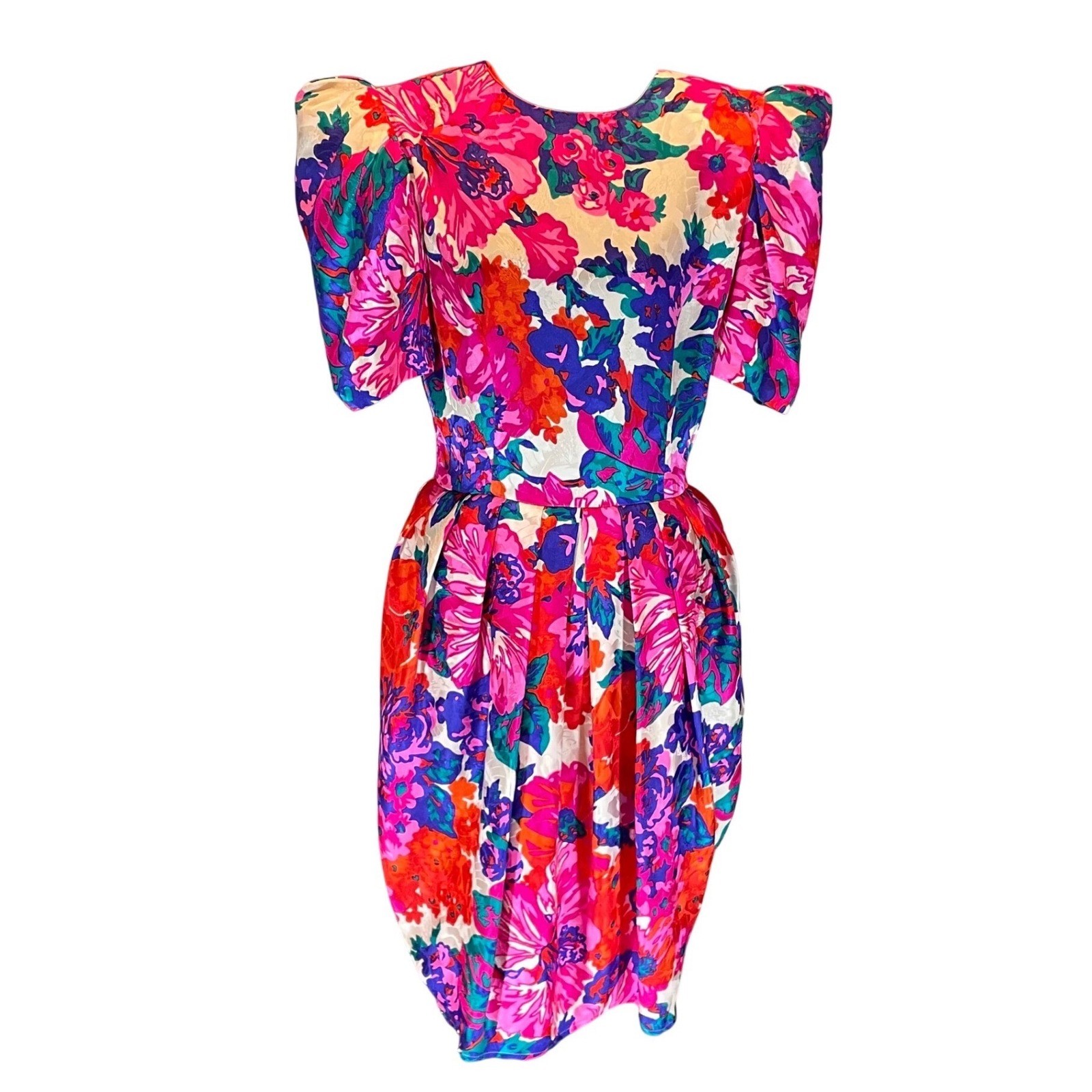 Flora Kung New York Vintage 80s Silk Floral Jacquard Puff Sleeve Dress Pink 8