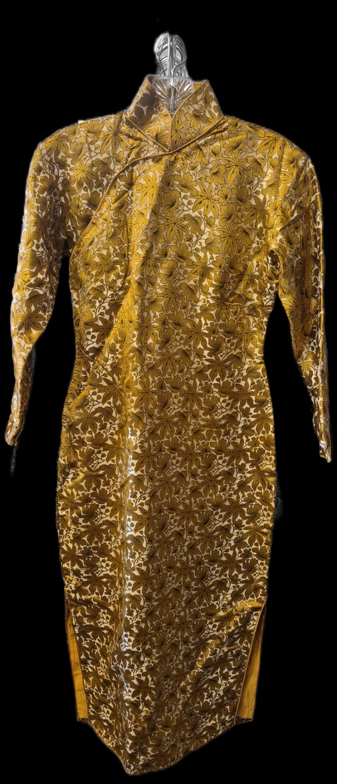 VTG 1960s Gold Brocade Cheongsam Qipao Dress Handmade Silk Jacquard Fully Lined