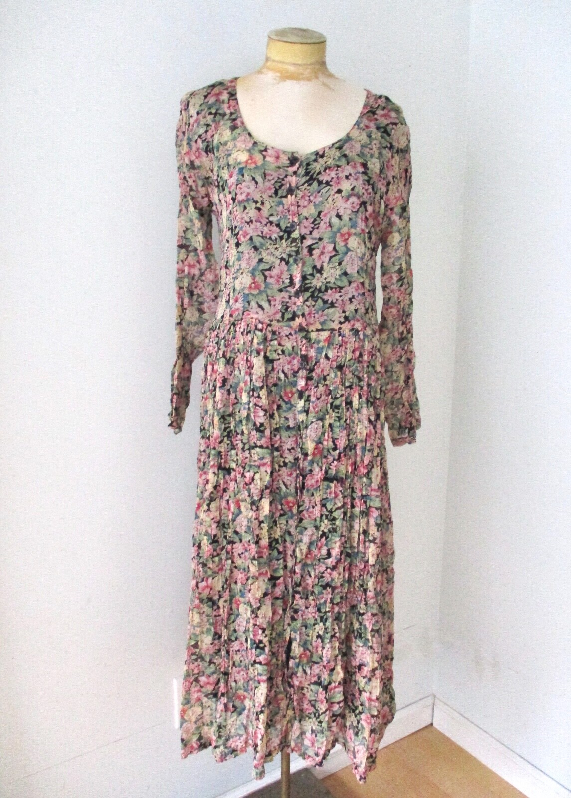 Vtg 80s black pink rayon floral garden party tea dress full skirt tank lining S