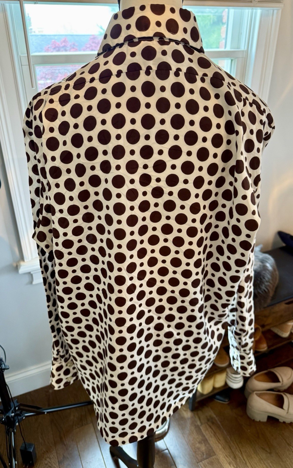 Vintage Givenchy For Chesa Brown Polka Dot Blouse W 70s Lapels Lg Broken Buttons