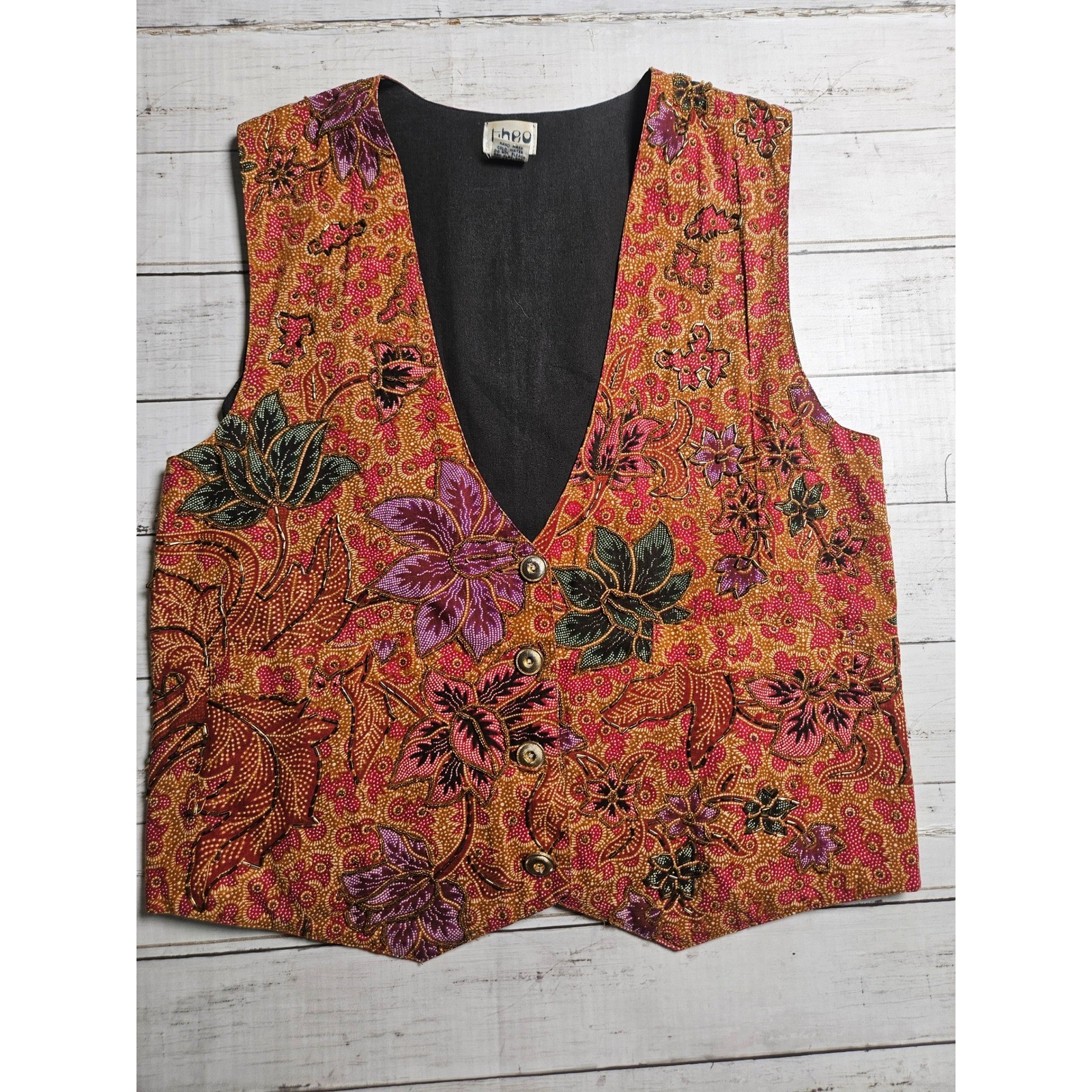 Vintage Theo Beaded Embroidered Floral Vest Boho Cottagecore Size M 90s