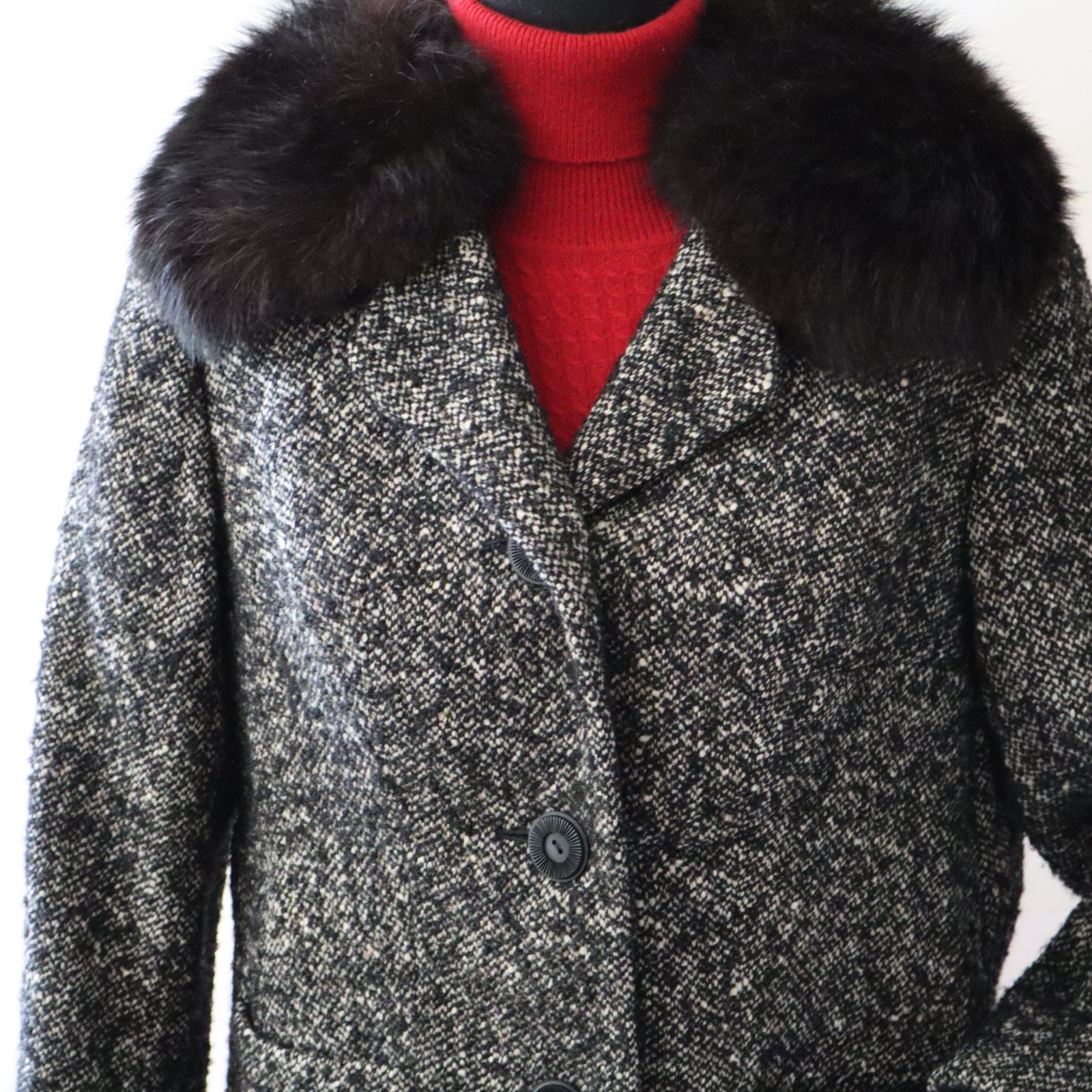 Vtg Jobis High Class Black Tweed Jacket w Black Fur Collar Sz Small Germany