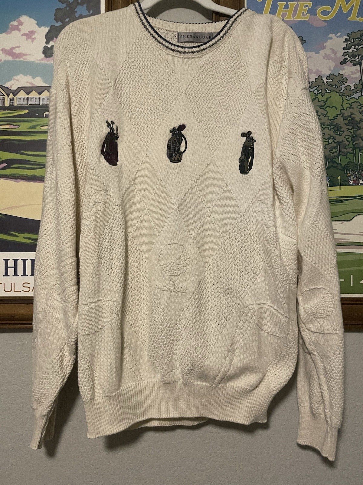 Vintage Golf Sweater Womens L Cream Golf Bag Applique Knit Country Club 90s