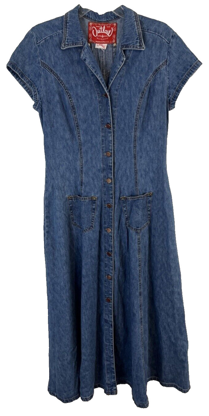 Vintage Outlaw Bluejeans Button Up Denim Maxi Dress Fits Womens M Y2K 90s BB410