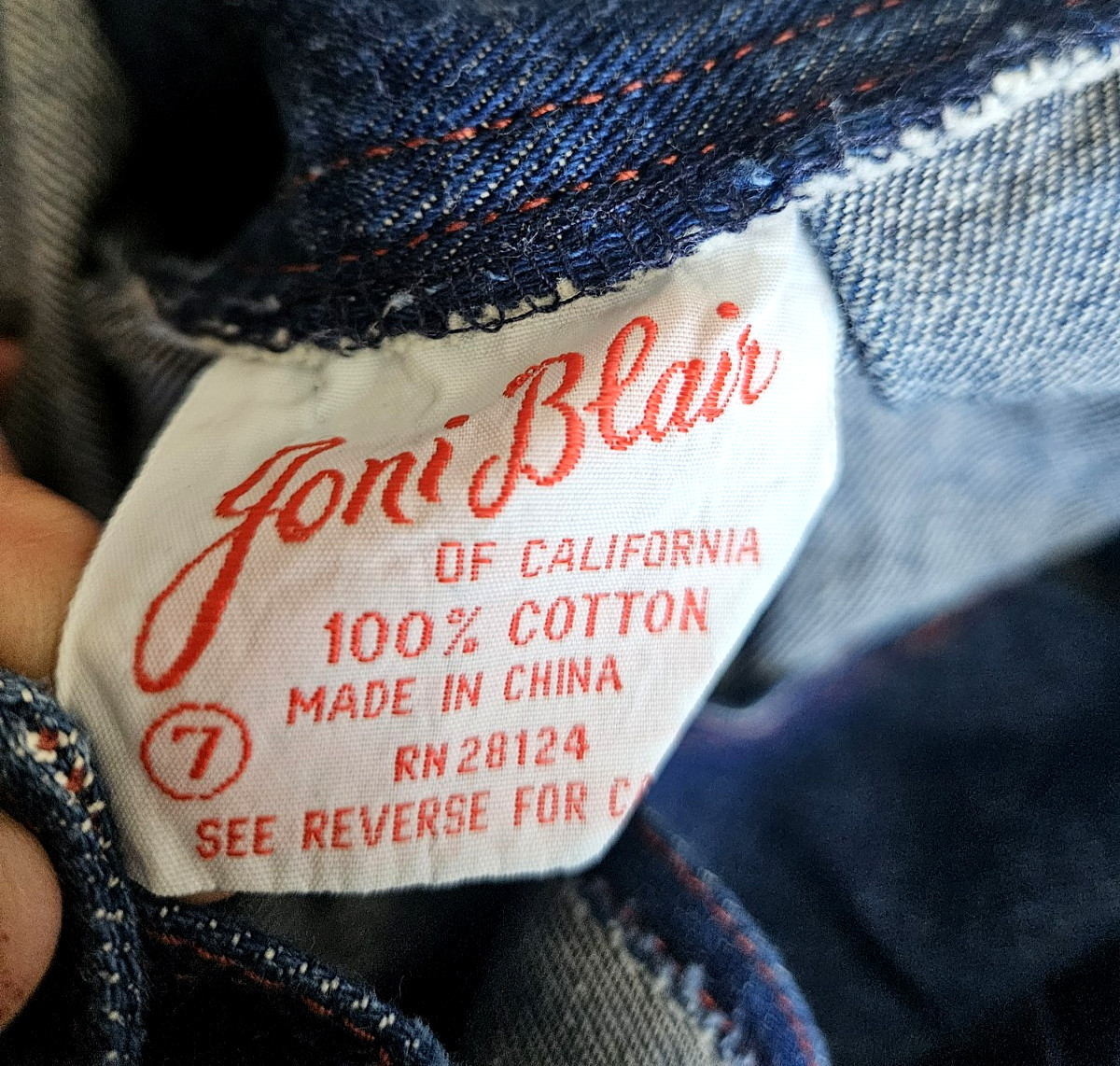 JONI BLAIR of Cali Denim Jumper Dress Size 7 Embroidered Pockets Red Butterflies