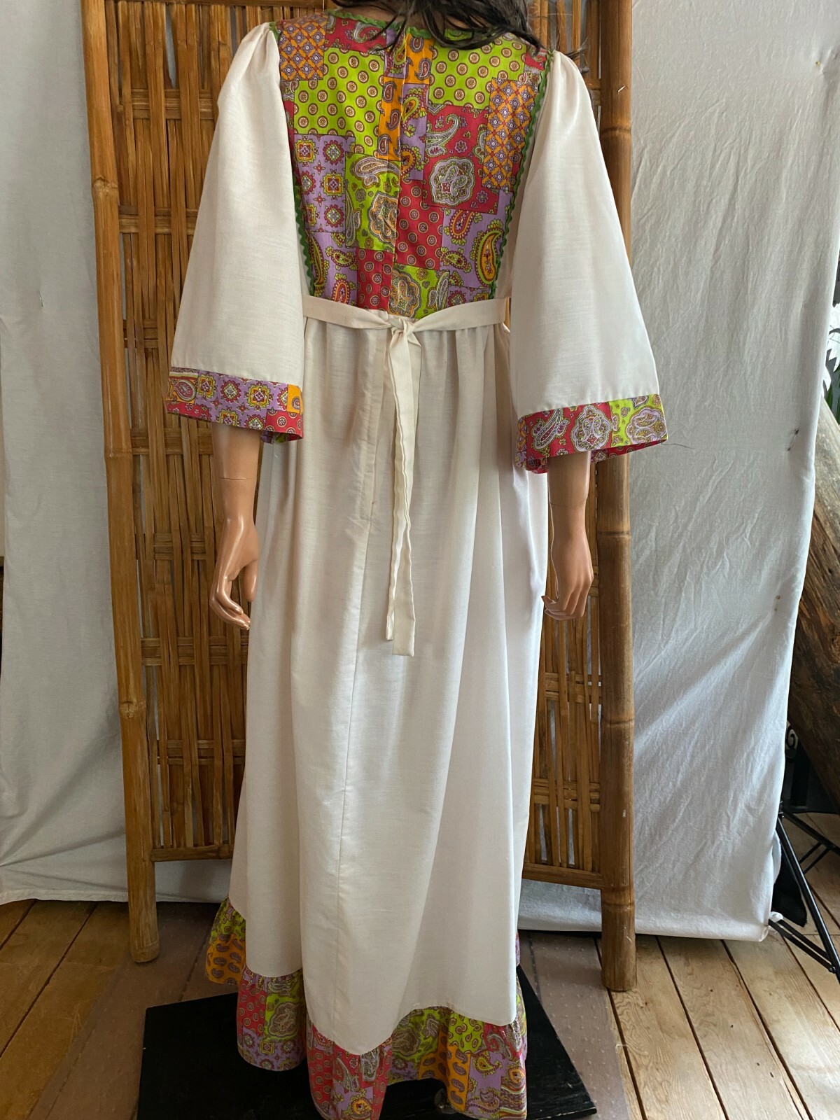 VTG 60s Maxi Dress Cream & Psychedelic Waist Ties 3/4 Wide Sleeve Hippy Boho S/M