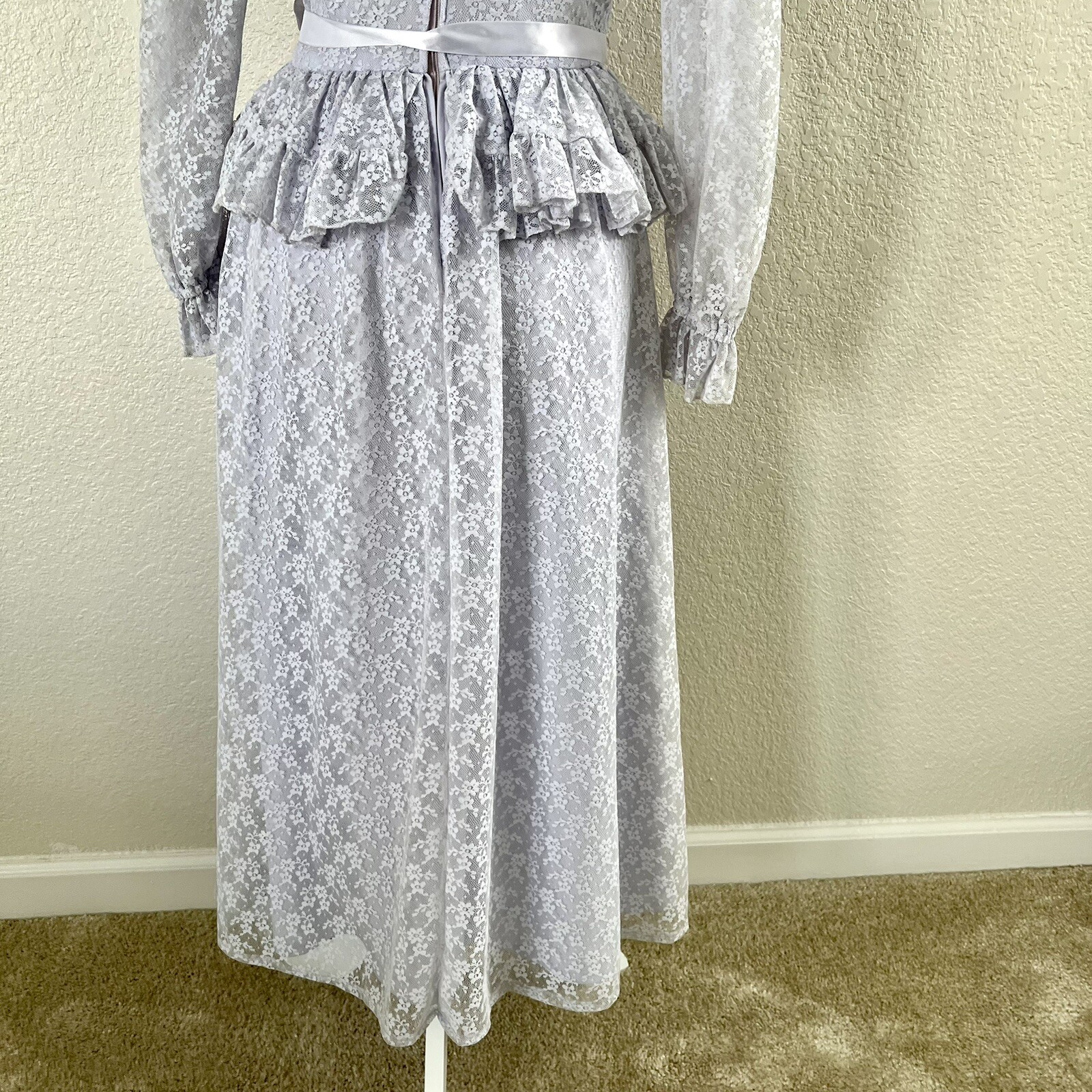 Vintage 70s Long Light Purple Lilac Ruffled Lace Maxi Dress Creations by Aria