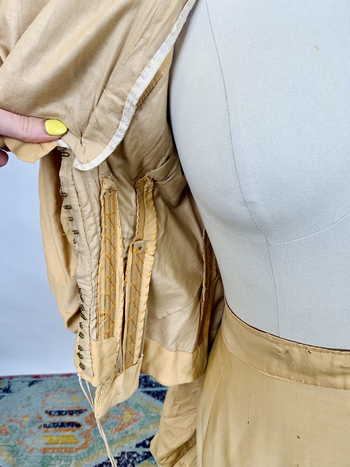 Antique Victorian 1890s Bodice & Skirt Set Tan Silk Leg of Mutton Sleeve AS IS
