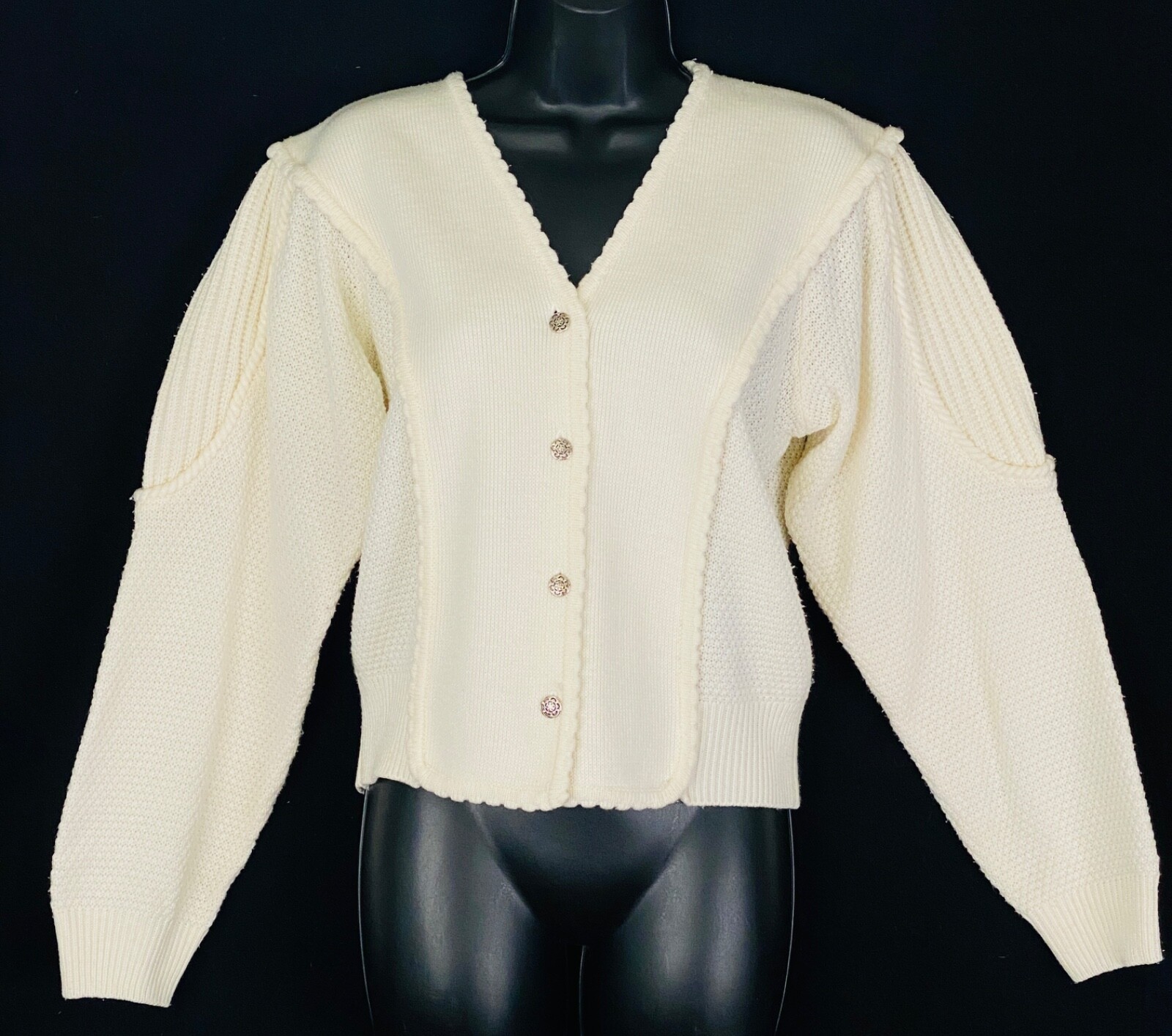 Vintage 1980s white sweater, Victorian style oversized crop cardigan knit top M