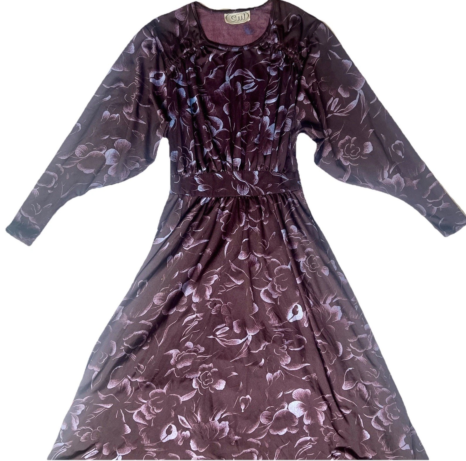 Vtg Floral Boho Midi Dress 70s Purple Fit&Flair Batwing Sleeves Lined France