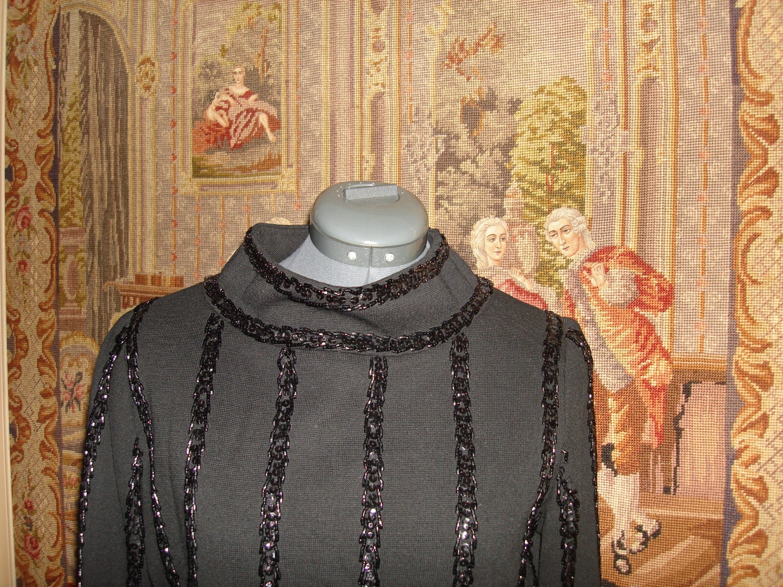 Vintage Unique 60s Palio Black Hand Beaded Sequin Virgin Wool Sweater Bluose M