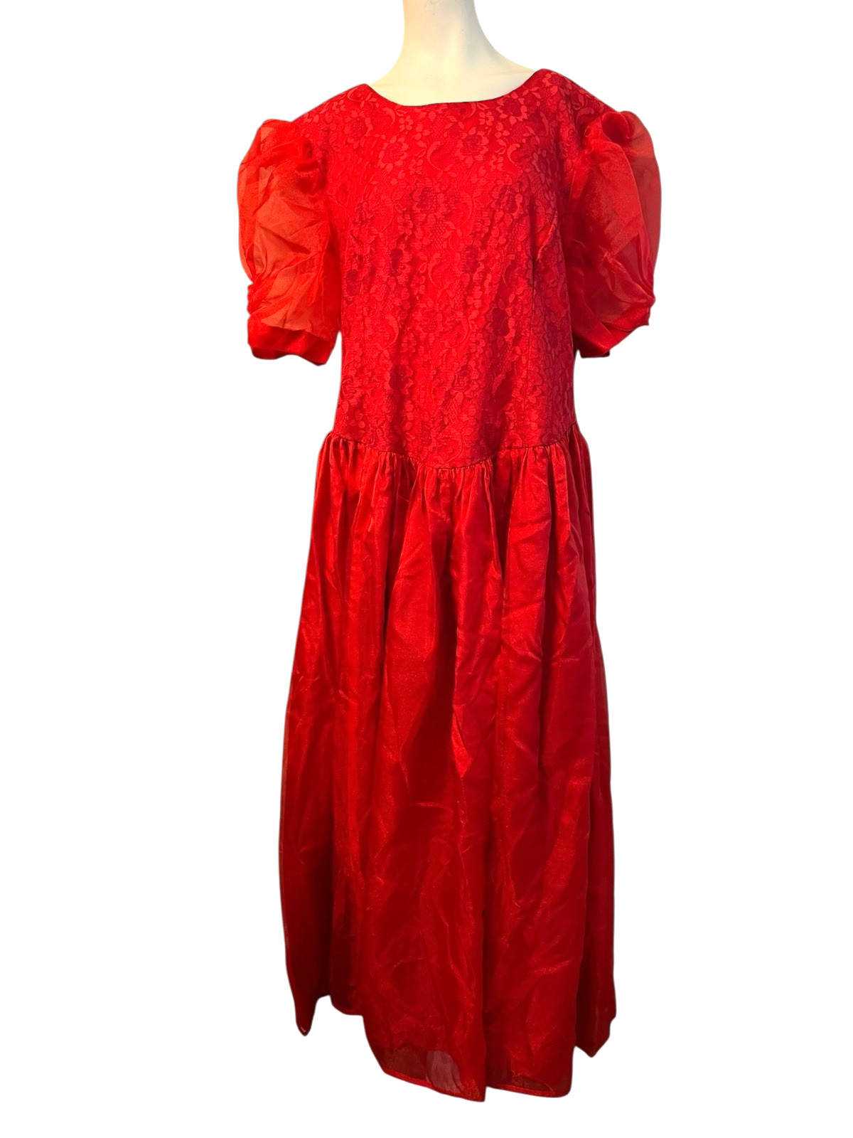 XL Red Puff Sleeve Lace Satin Bow Retro Gown 1950s Handmade Tulle Maxi Dress
