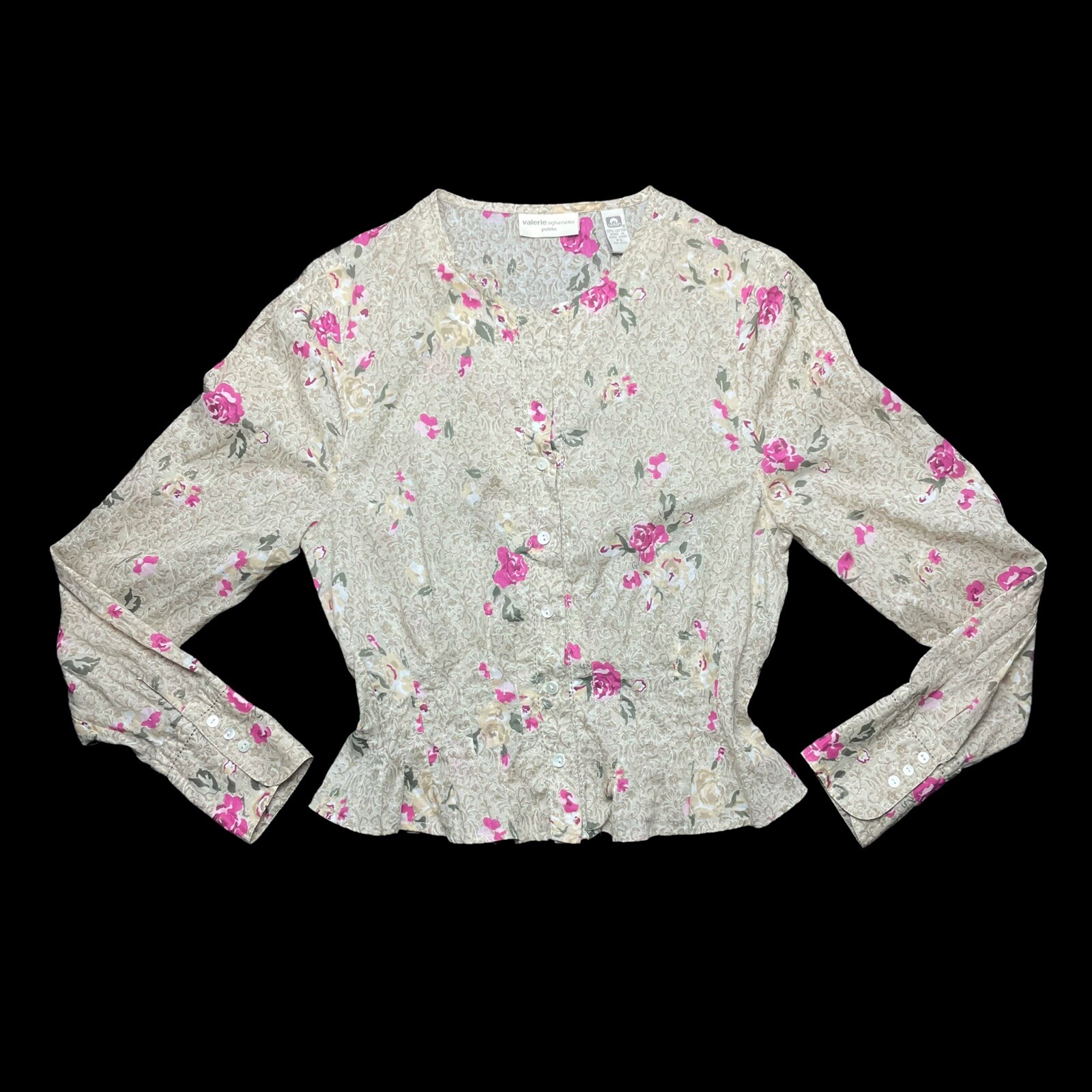 Vintage 90’s Valerie Seperates Tan & Pink Floral Button Down Fitted Blouse P S