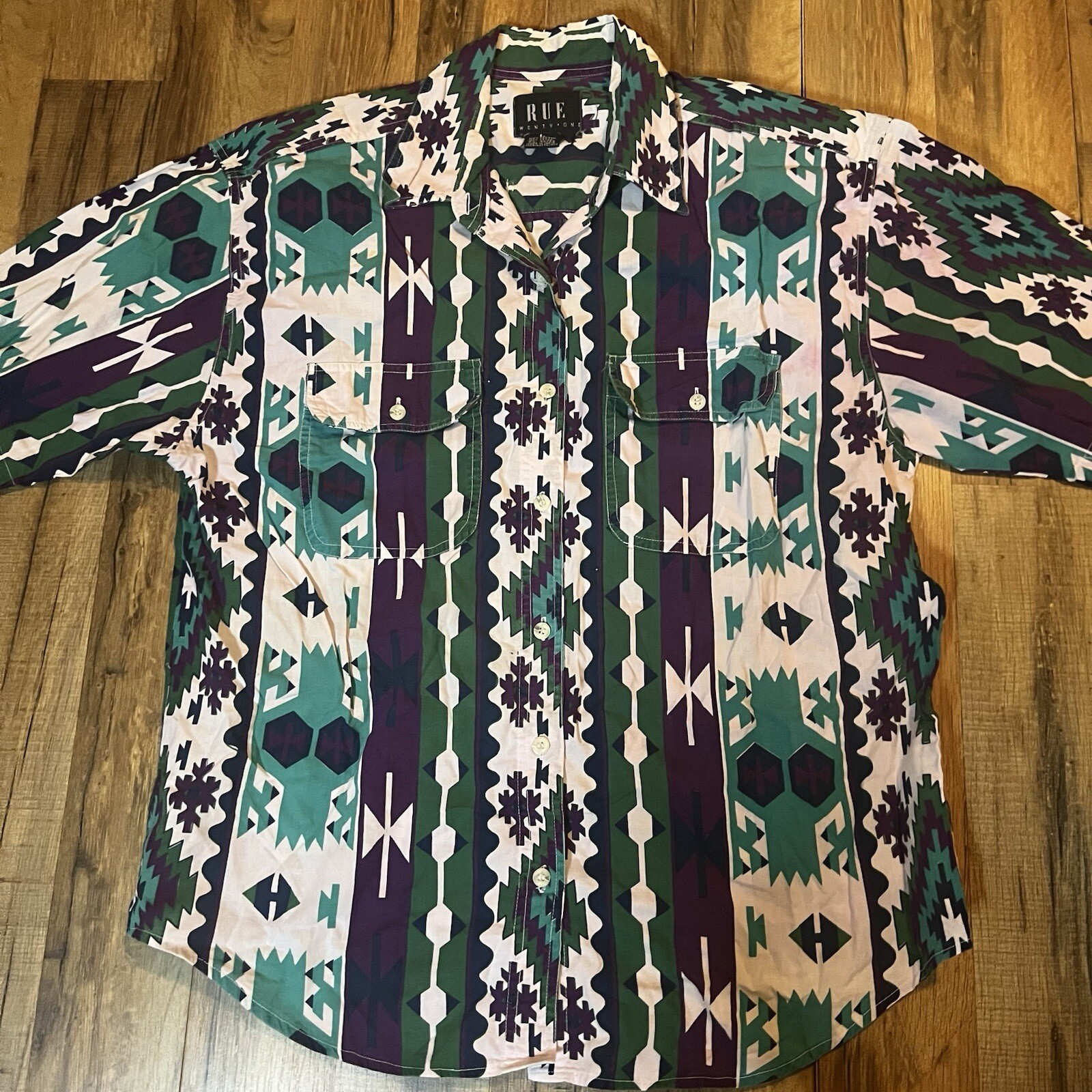 Vtg 90s Aztec Southwest Western Women’s Sz L Button Up Shirt Purple Turquoise