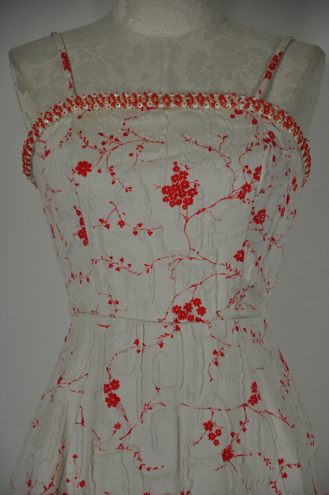 50s Vintage White Red Cherry Blossom Beaded Straps Full Skirt Day Dress Women XS