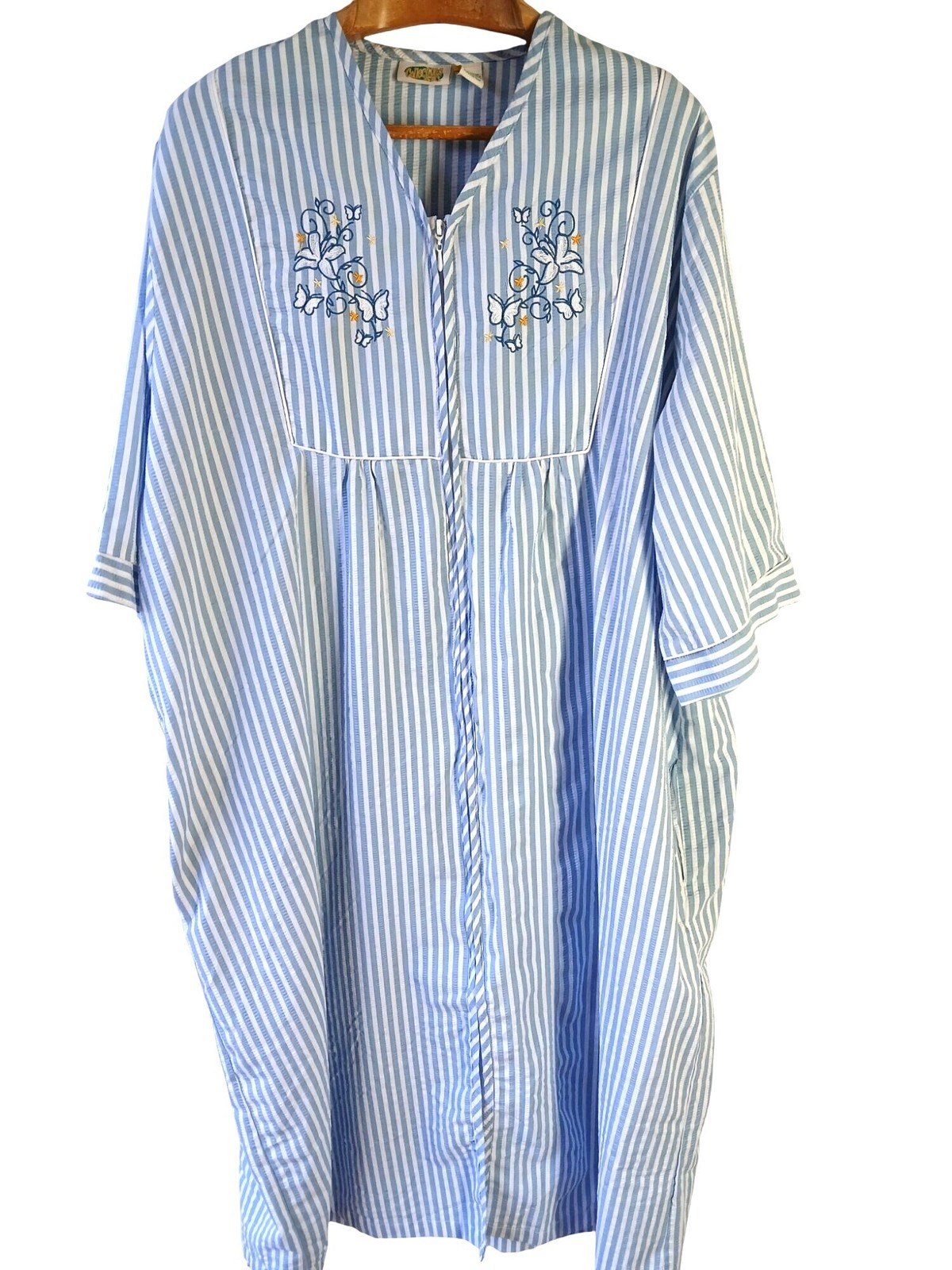 Vintage Collections Blue White Striped Seersucker House Dress Robe Size XXXL 3Xl