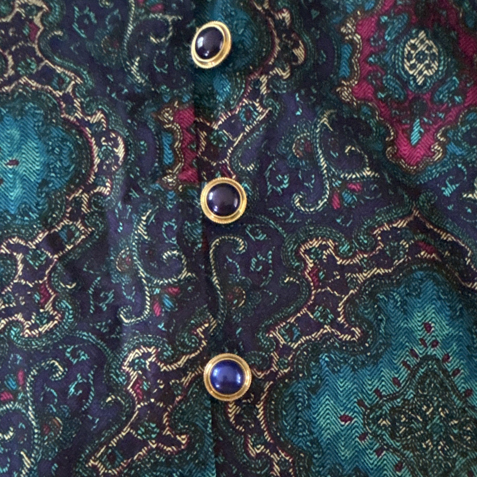 Vintage 80s Jewel Tone Baroque Paisley Blouse Gold Button Top Size 10 M