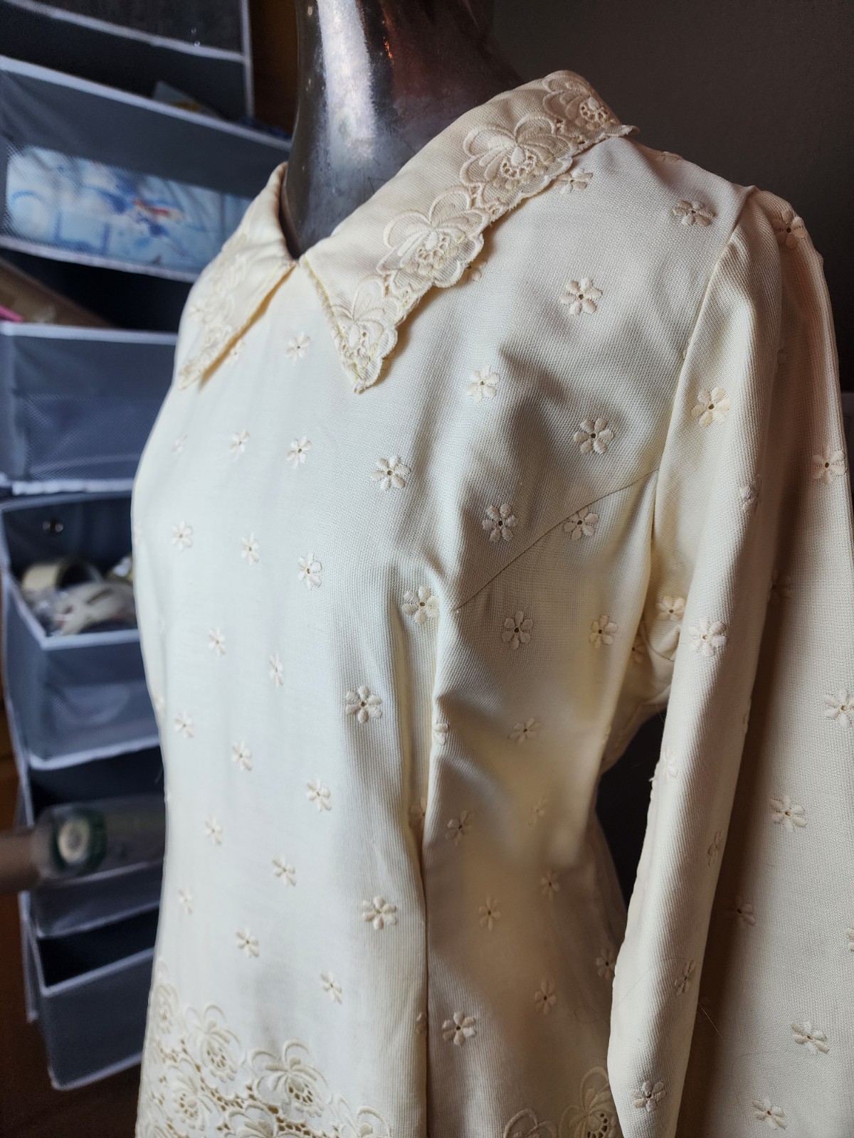 Vintage Ivory Floral Embroidered Dress Cottagecore Prairie Large BOHO