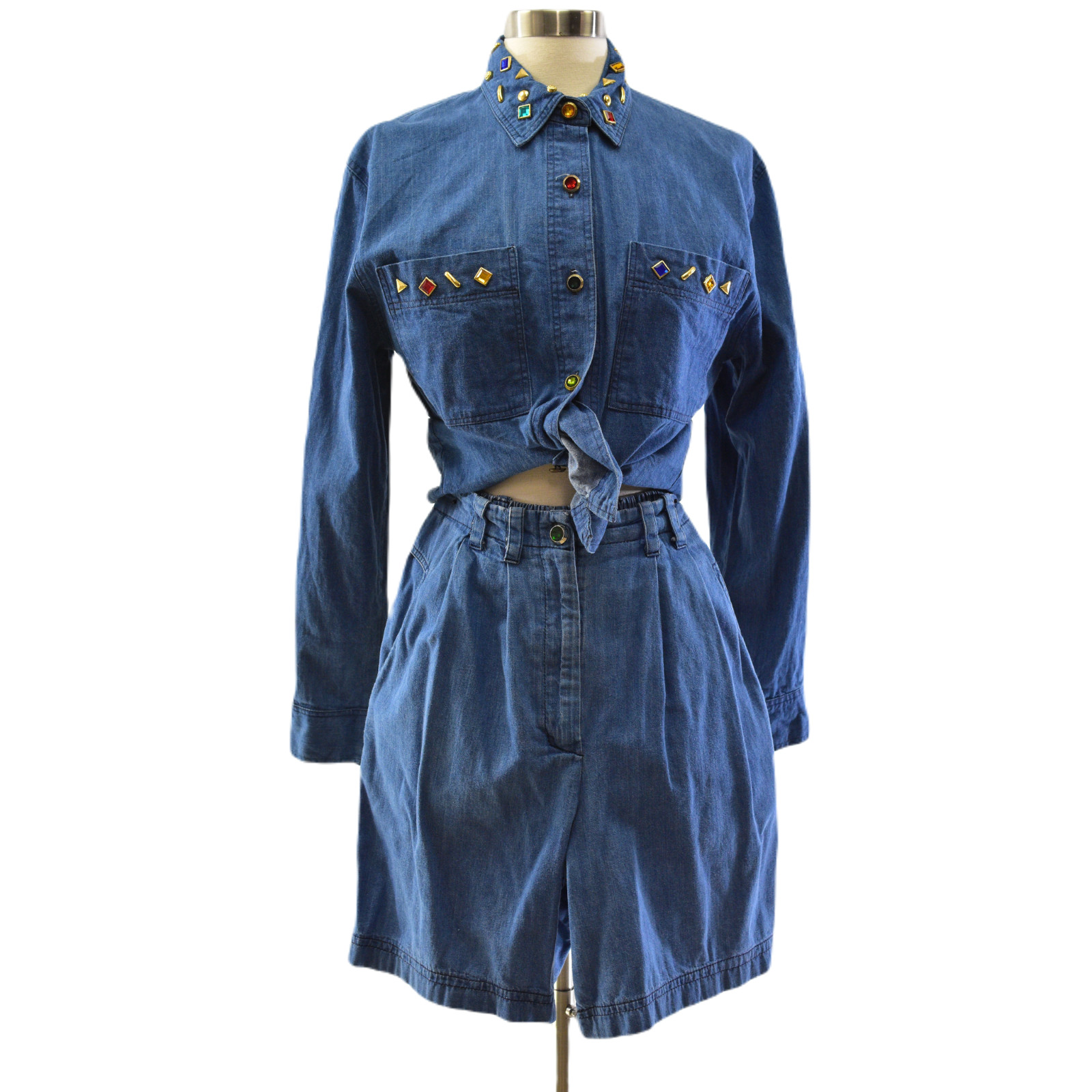 Fstop Jeweled Denim Outfit PleaTed Shorts & Shacket Women’s S