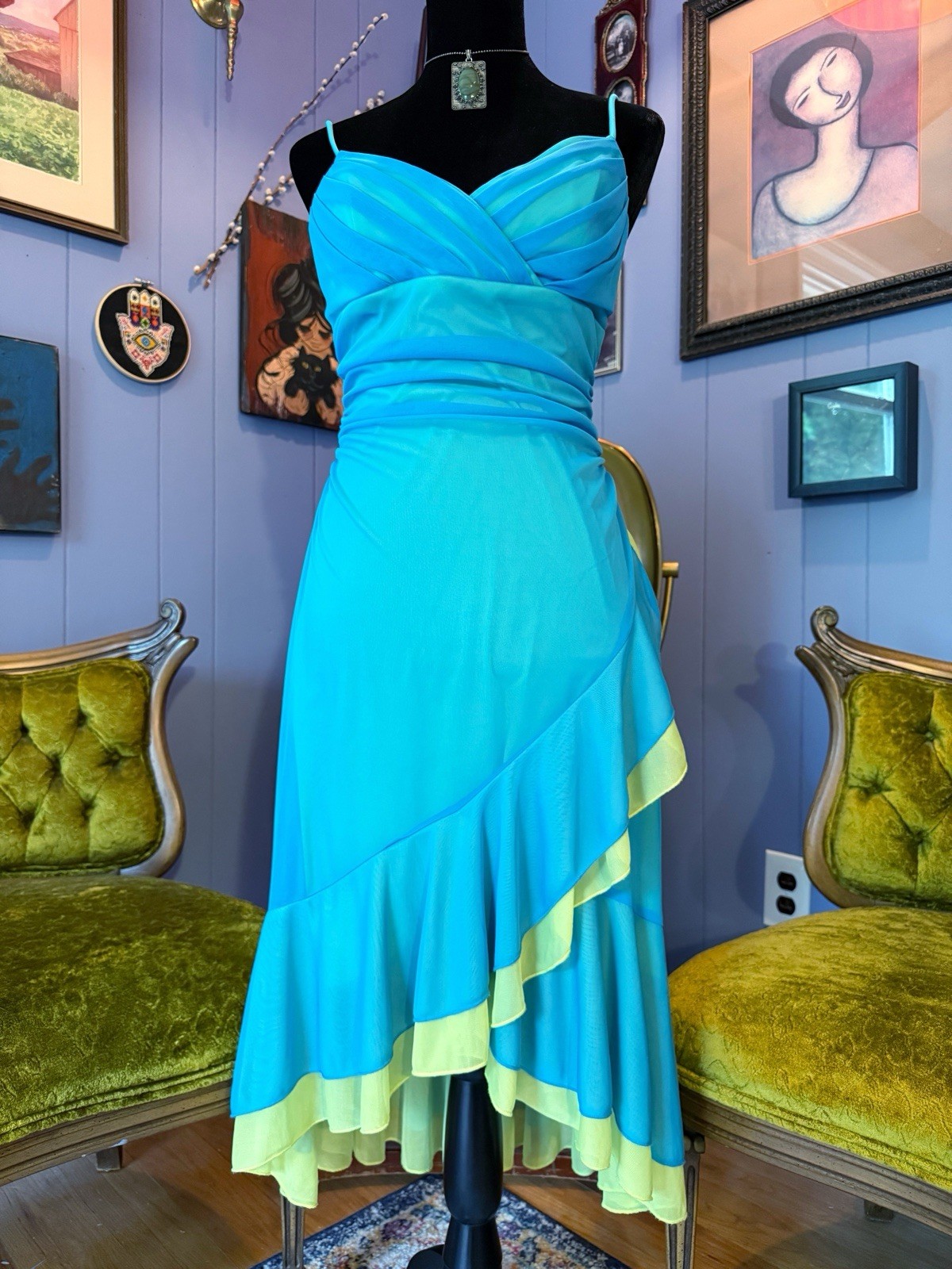 Vtg Y2K City Triangles Turquoise And Green Asymmetrical Spaghetti Strap Dress L