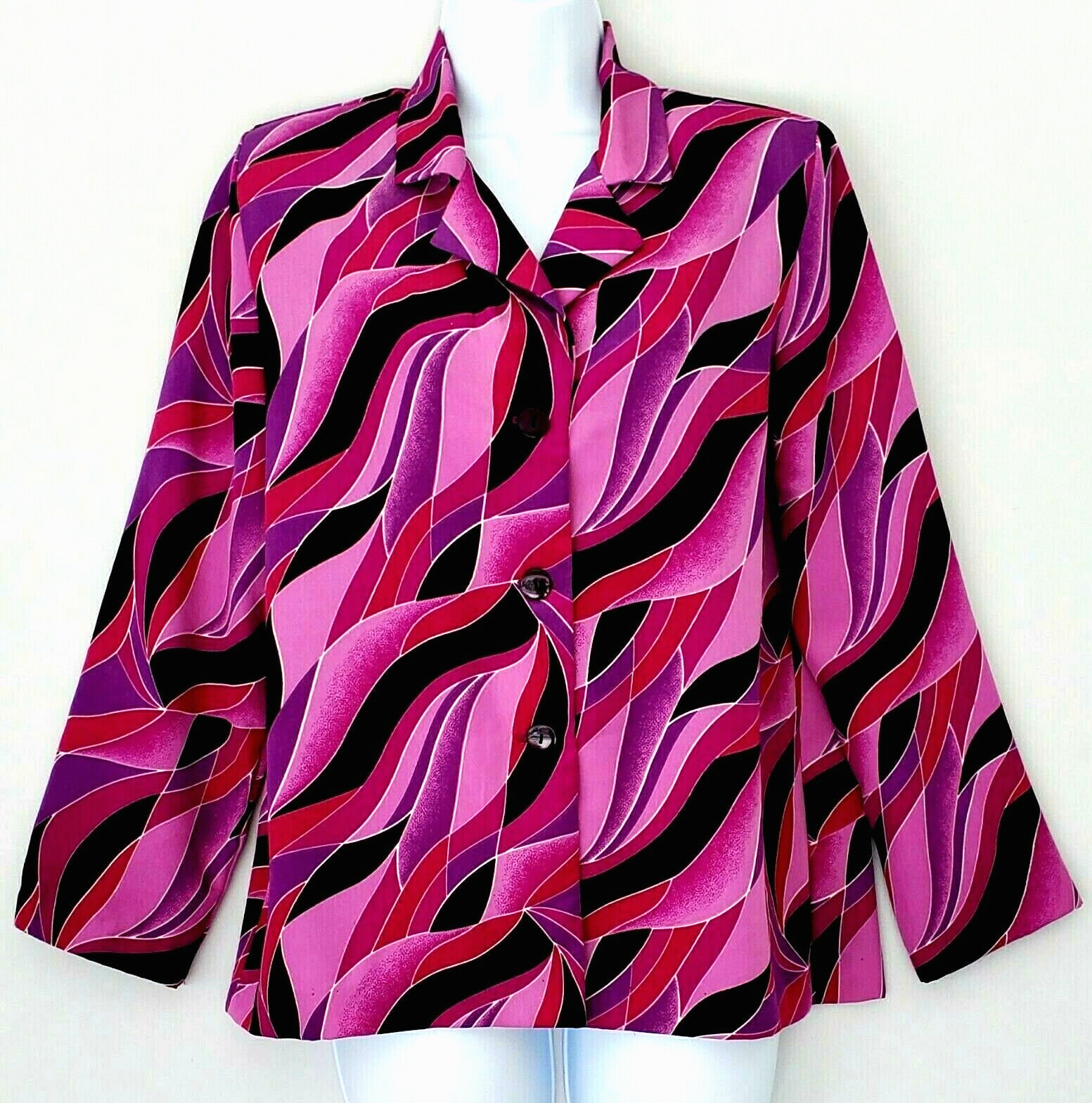 Vintage KENSINGTON SQUARE Purple Black Pink Abstract Top Shoulder Pads SZ Small