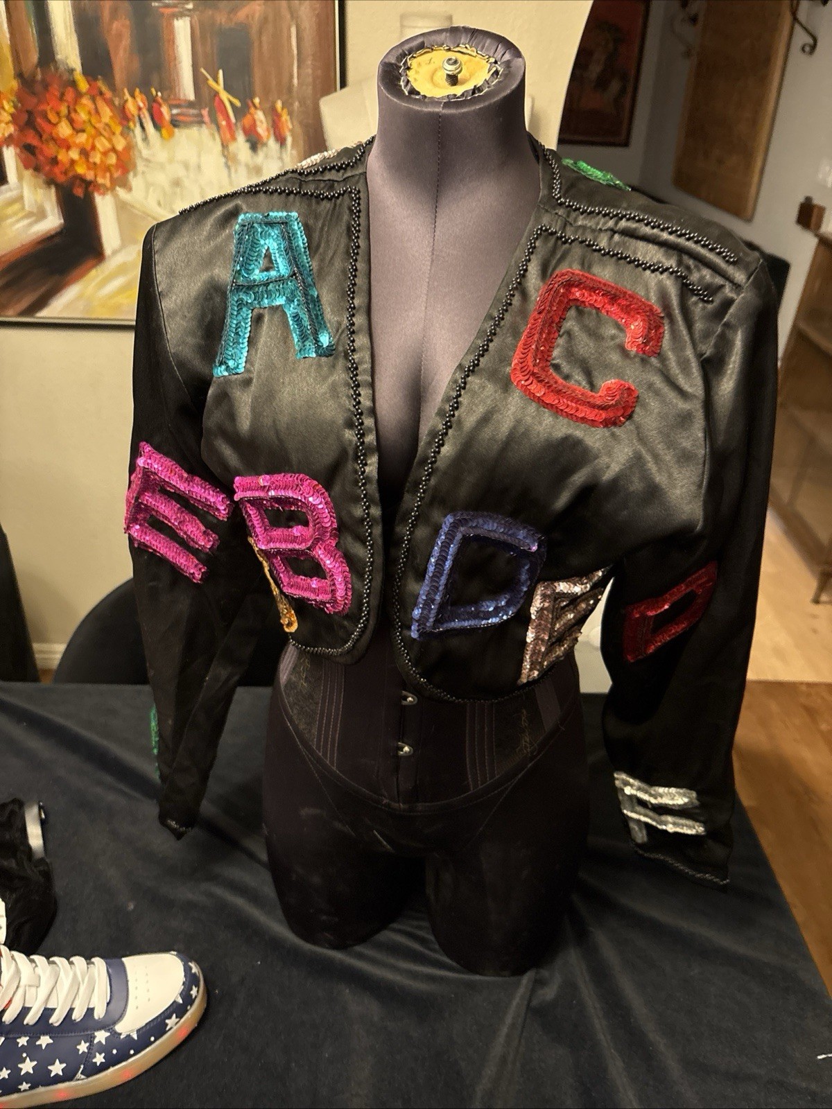 Vintage 80S SEBATU SATIN 3D SEQUIN NUMBER NOVELTY BEADED BOLERO JACKET COAT RARE