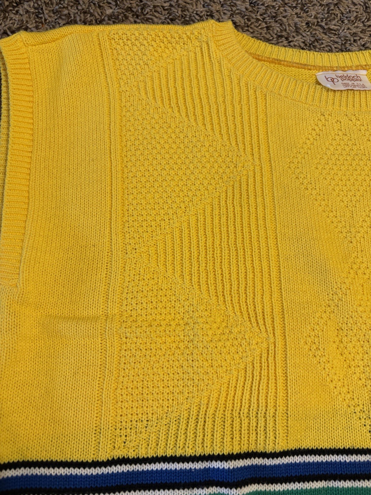 VTG 70s 80s Beldoch Popper Sweater Yellow Rainbow Stripe Knit Pockets